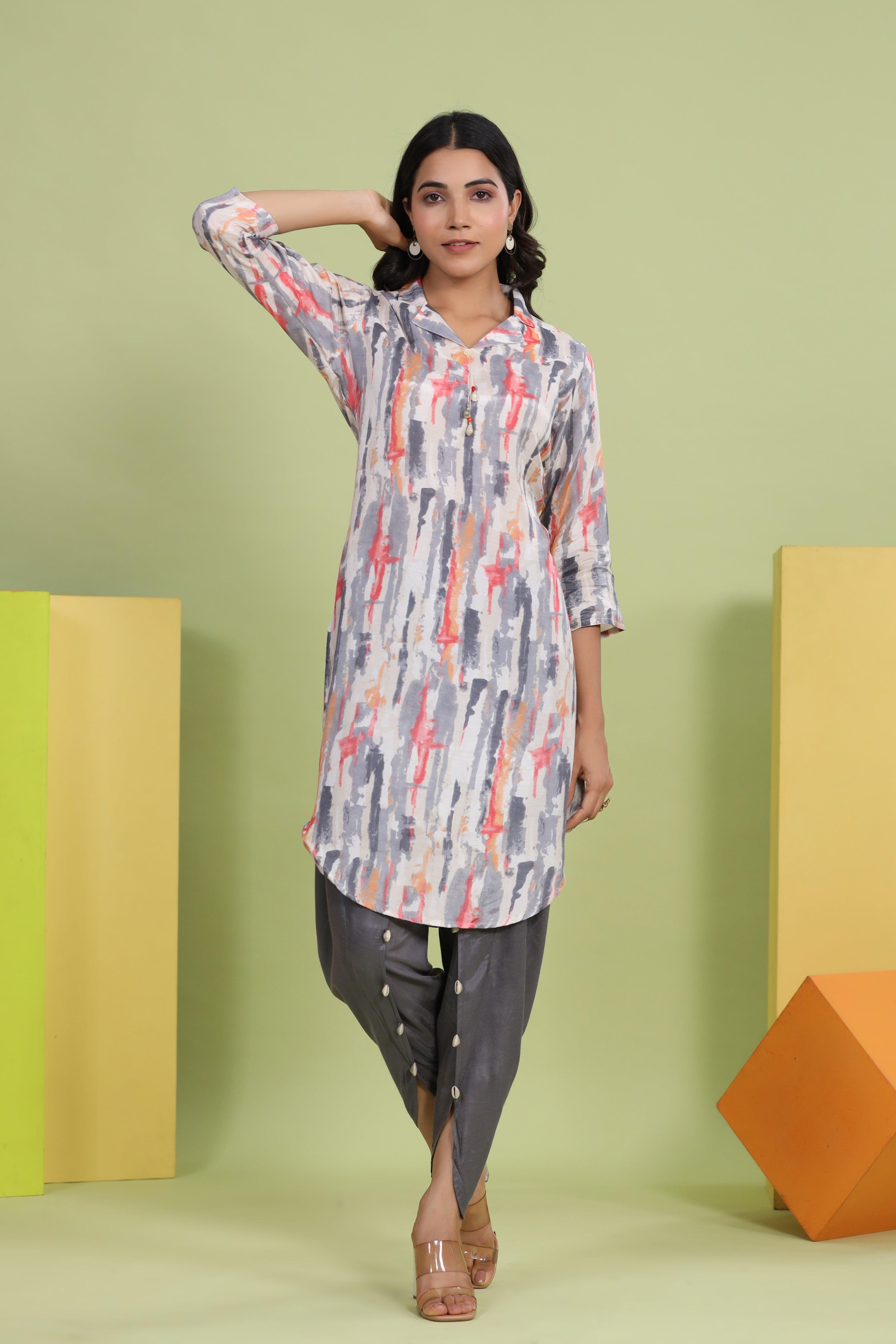 Grey Abstract Printed Shawl Collar Kurta With Embellished tulip dhoti pants