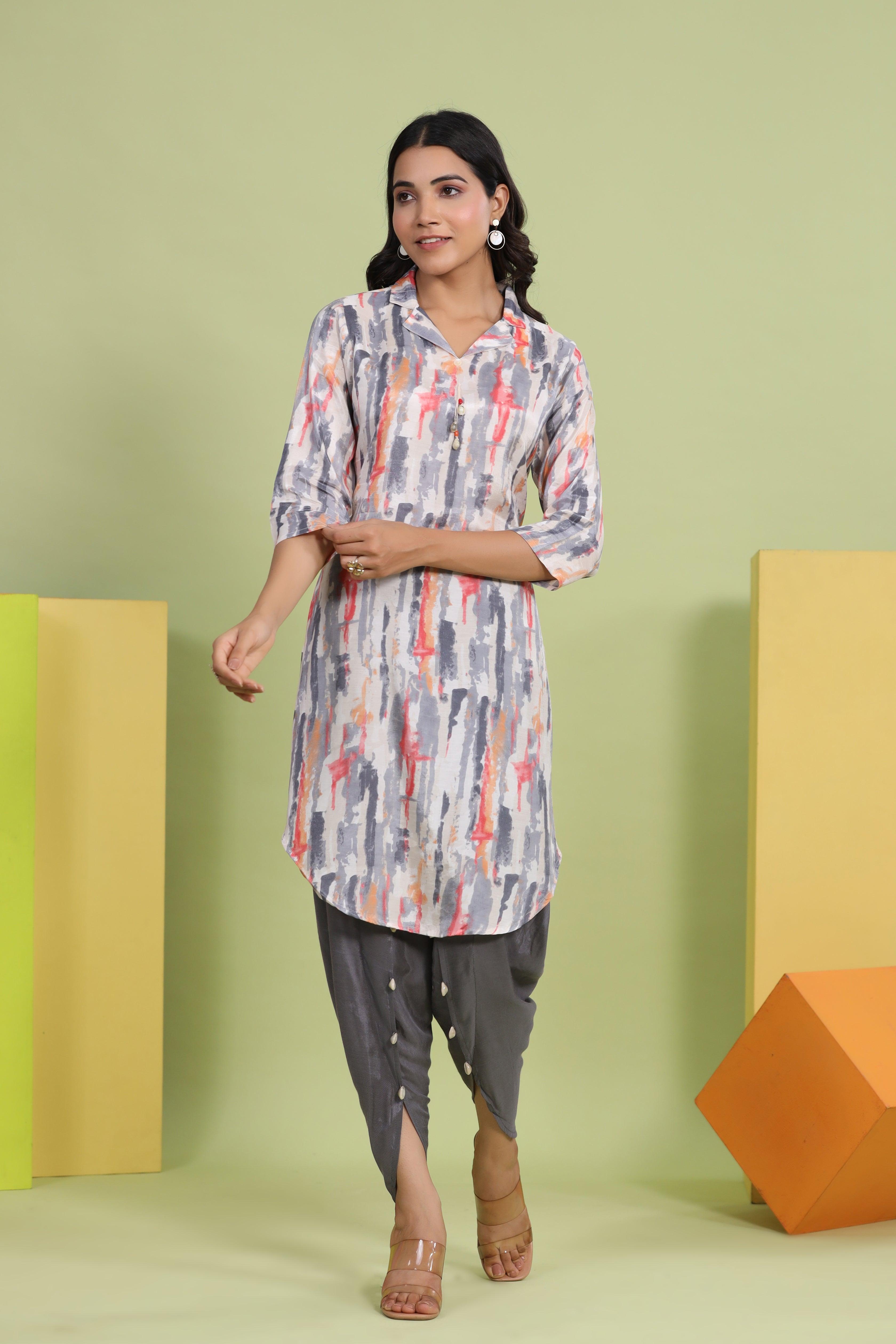 Grey Abstract Printed Shawl Collar Kurta With Embellished tulip dhoti pants