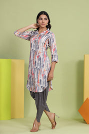 Grey Abstract Printed Shawl Collar Kurta With Embellished tulip dhoti pants