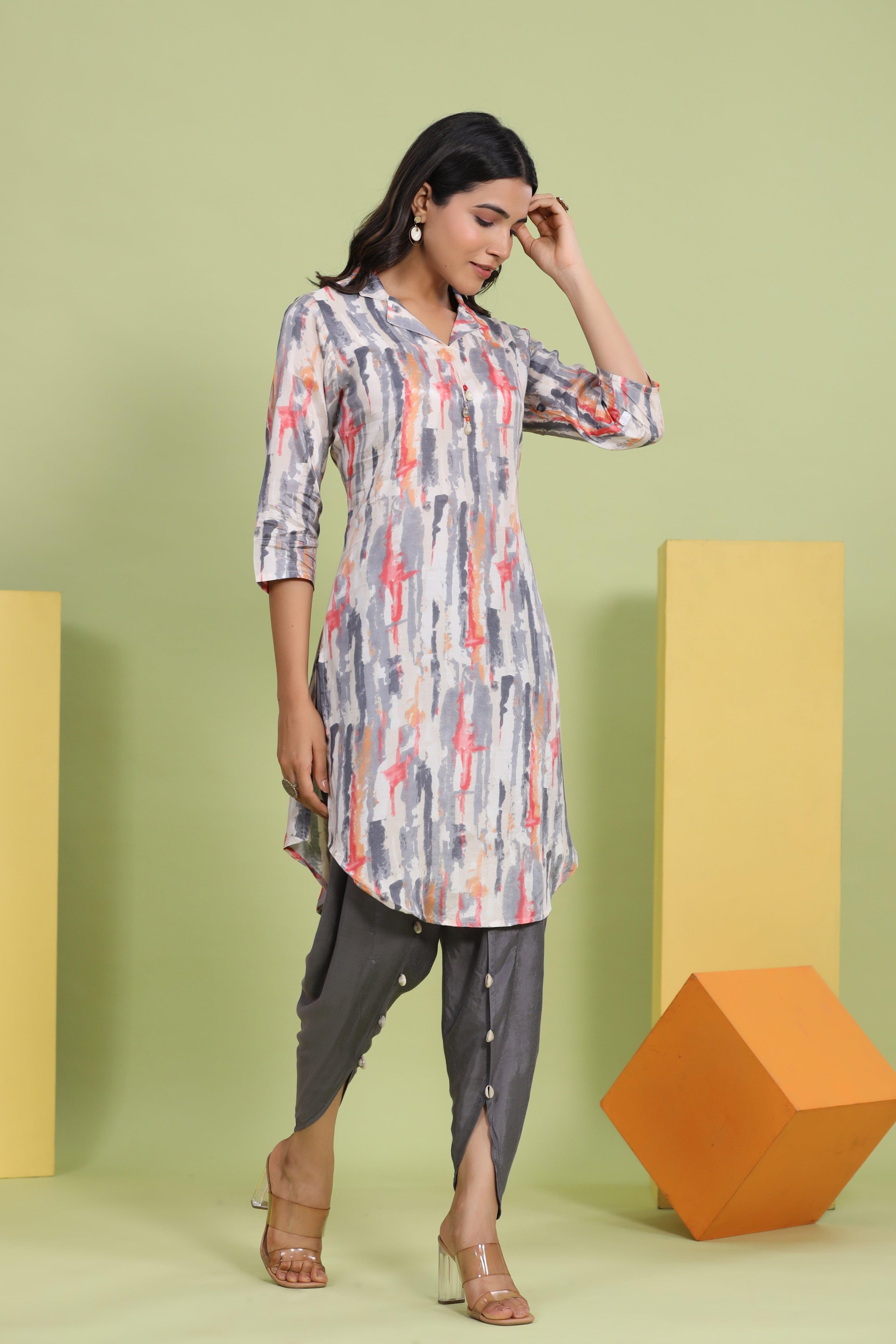 Grey Abstract Printed Shawl Collar Kurta With Embellished tulip dhoti pants