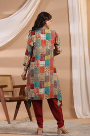 Multi Color Patch Printed Shawl Collar Kurta With Tulip Dhoti Pants