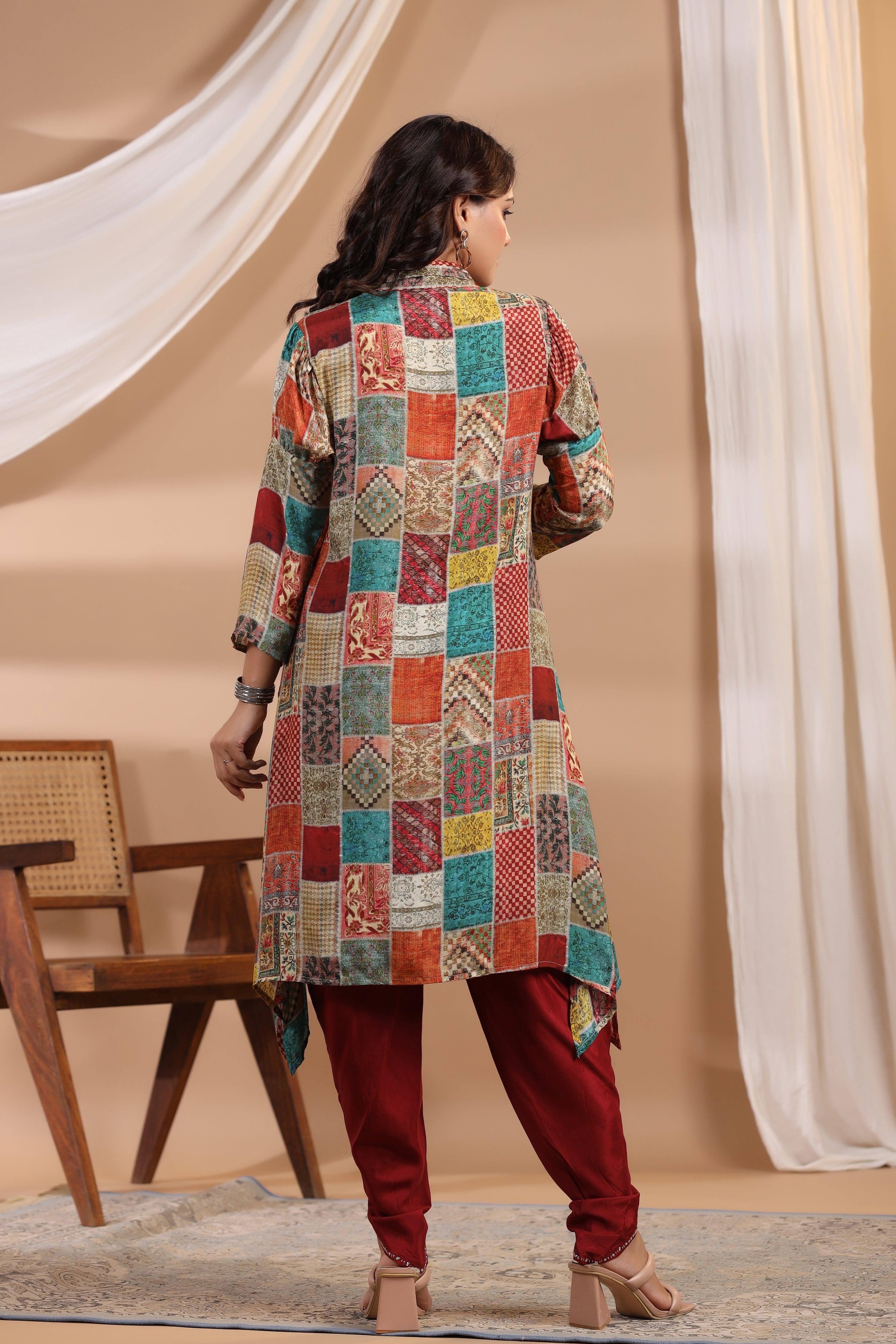 Multi Color Patch Printed Shawl Collar Kurta With Tulip Dhoti Pants