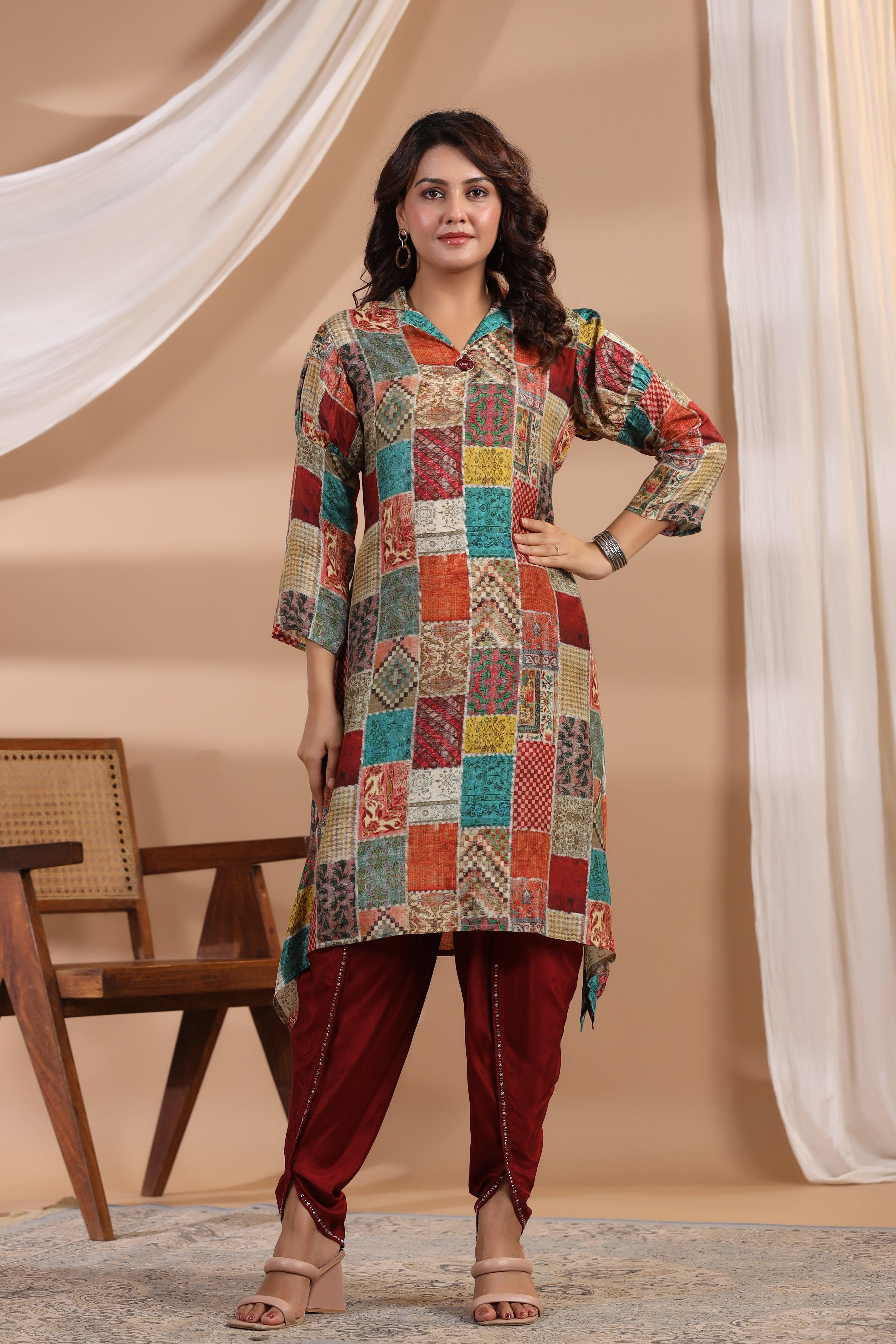 Multi Color Patch Printed Shawl Collar Kurta With Tulip Dhoti Pants