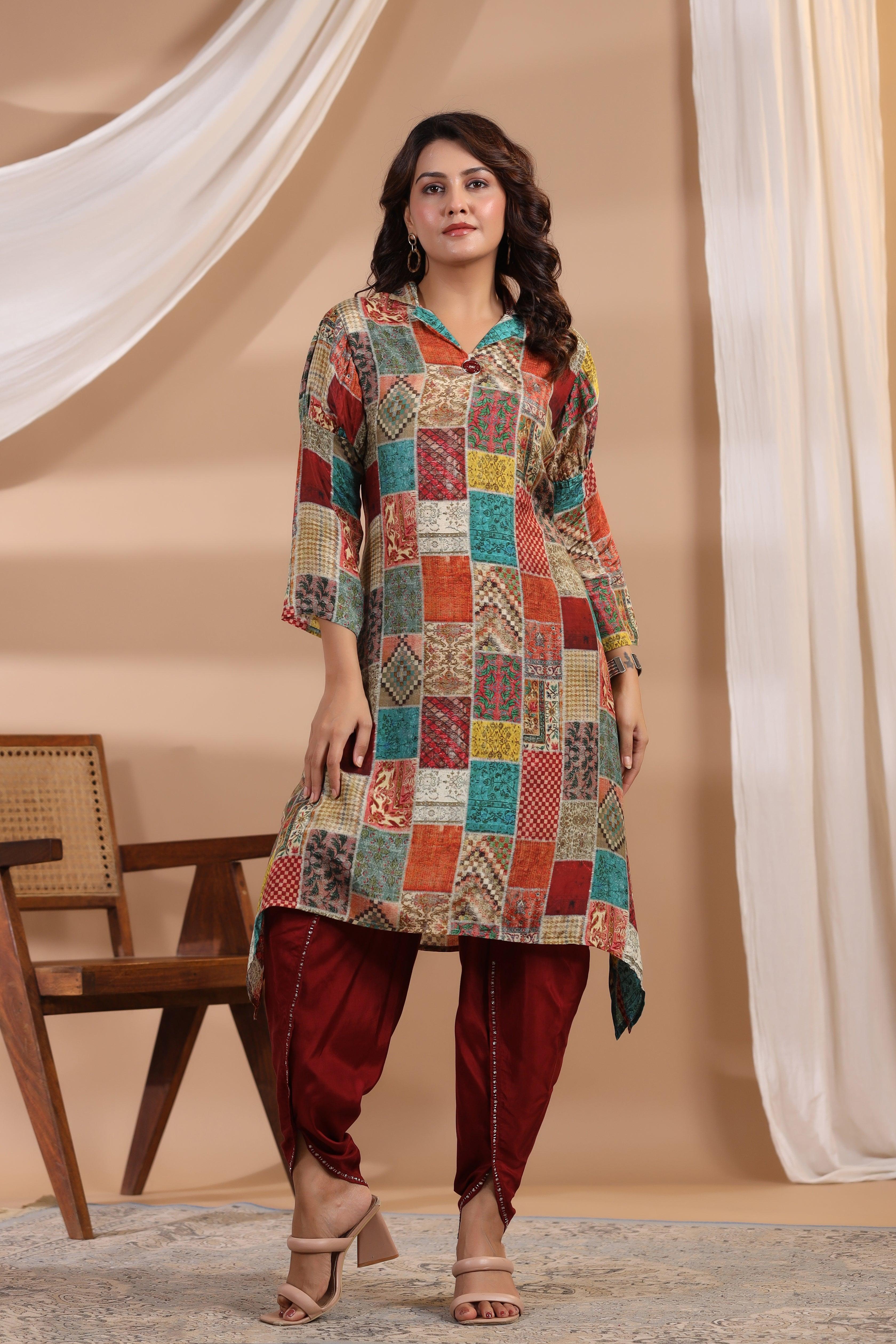 Multi Color Patch Printed Shawl Collar Kurta With Tulip Dhoti Pants