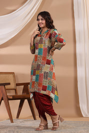 Multi Color Patch Printed Shawl Collar Kurta With Tulip Dhoti Pants