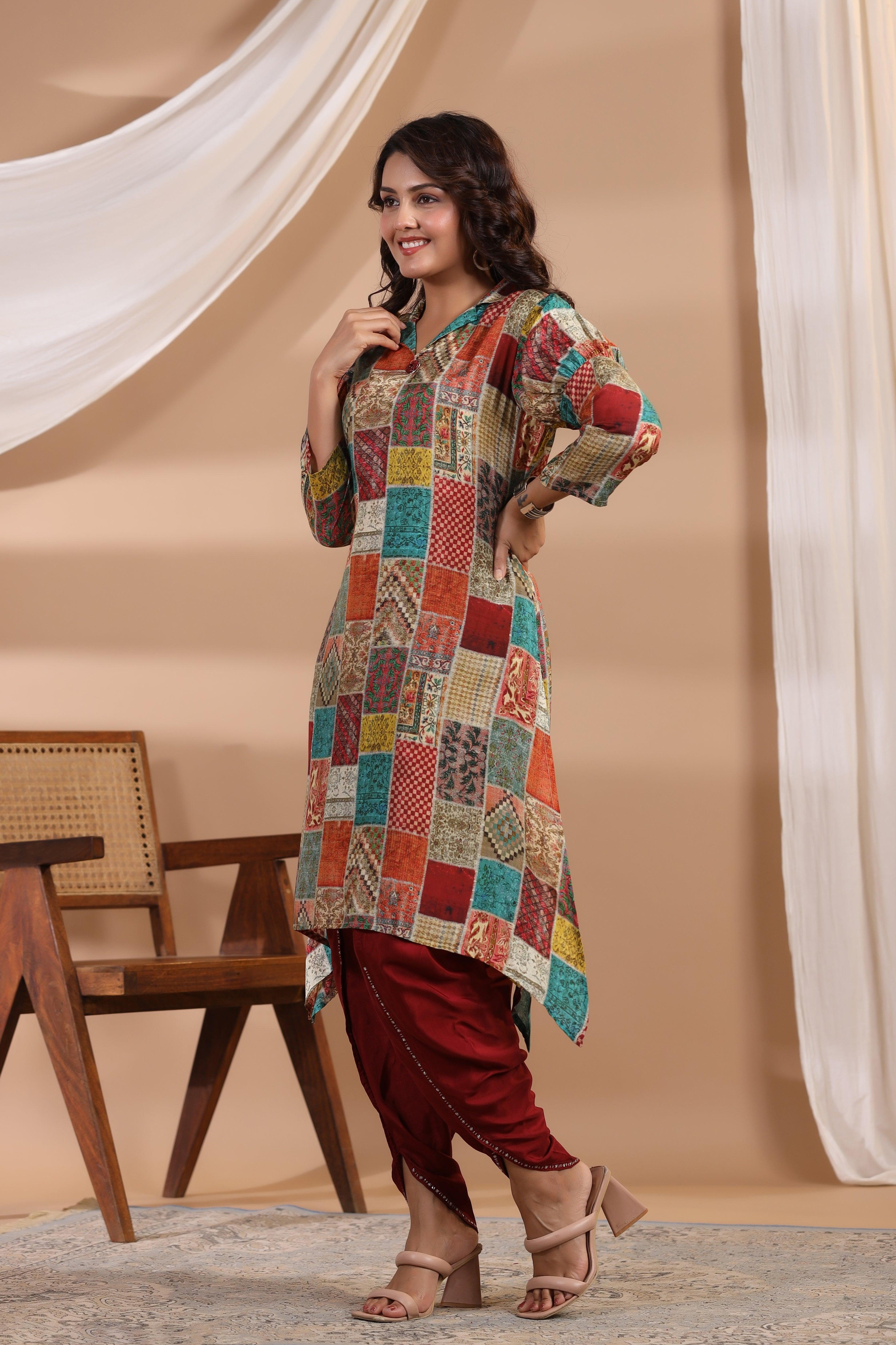 Multi Color Patch Printed Shawl Collar Kurta With Tulip Dhoti Pants