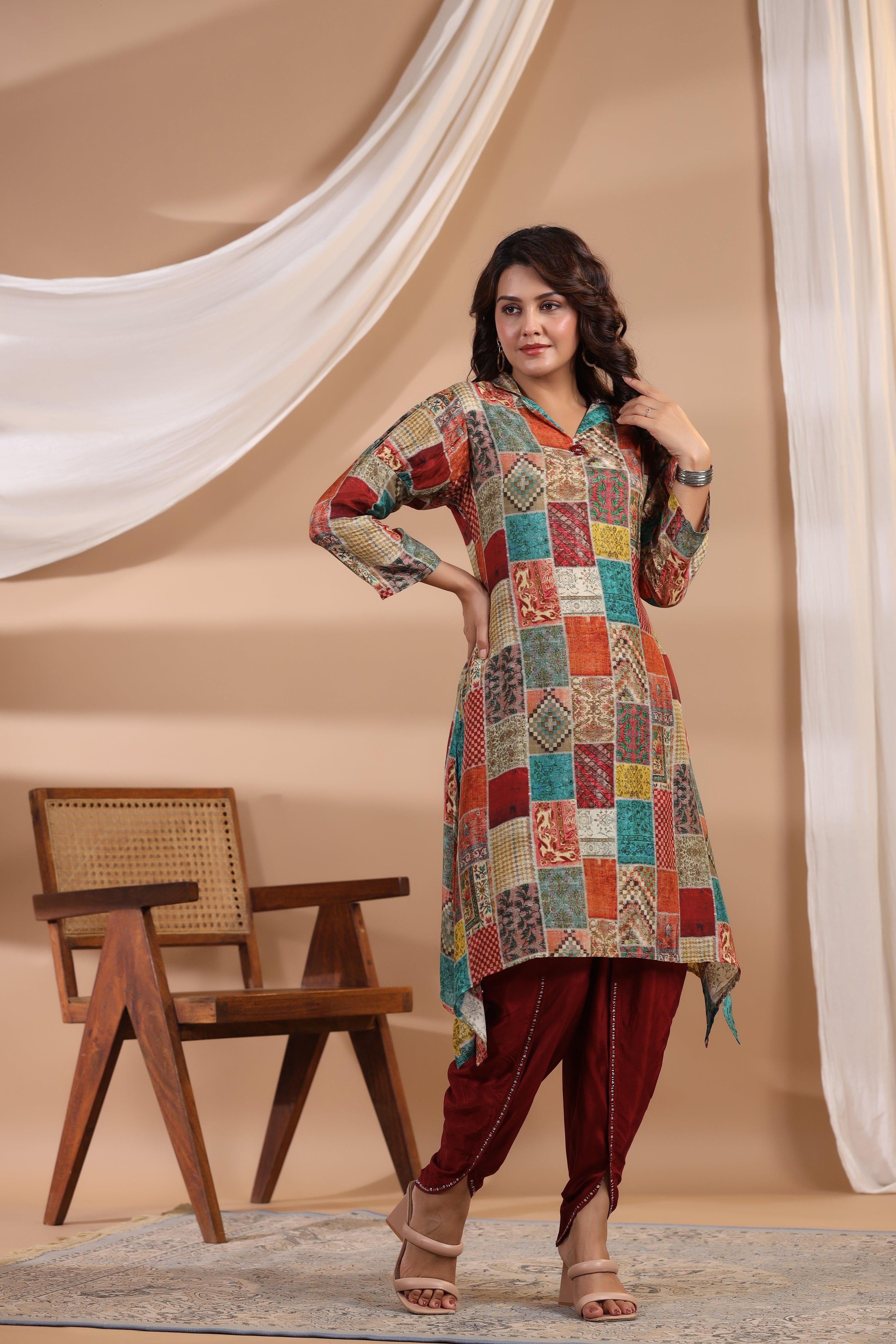 Multi Color Patch Printed Shawl Collar Kurta With Tulip Dhoti Pants