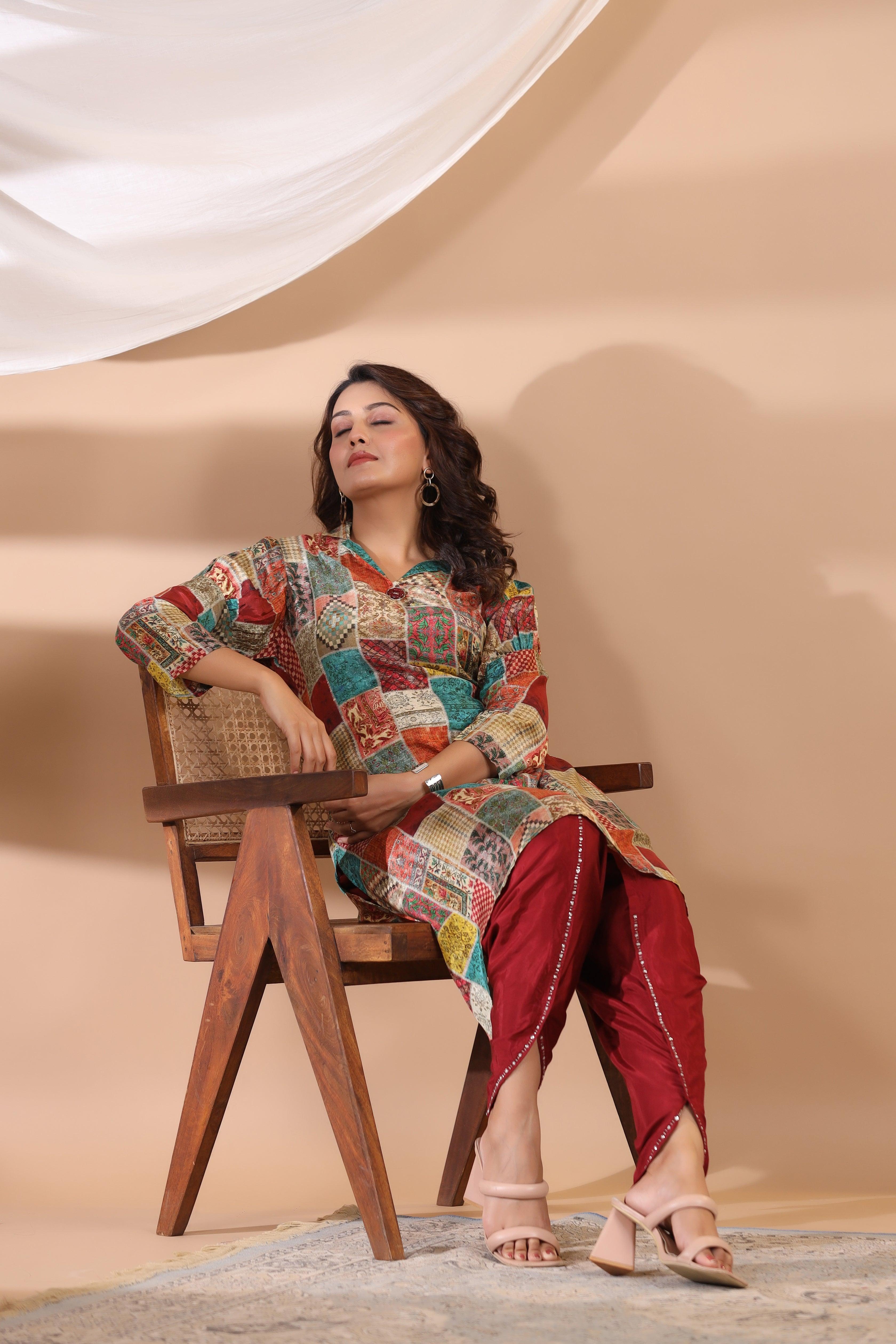 Multi Color Patch Printed Shawl Collar Kurta With Tulip Dhoti Pants