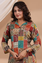 Multi Color Patch Printed Shawl Collar Kurta With Tulip Dhoti Pants