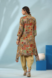 Multi Color Muslin Placement Print Shawl Collar Kurta With Tulip Dhoti Pants