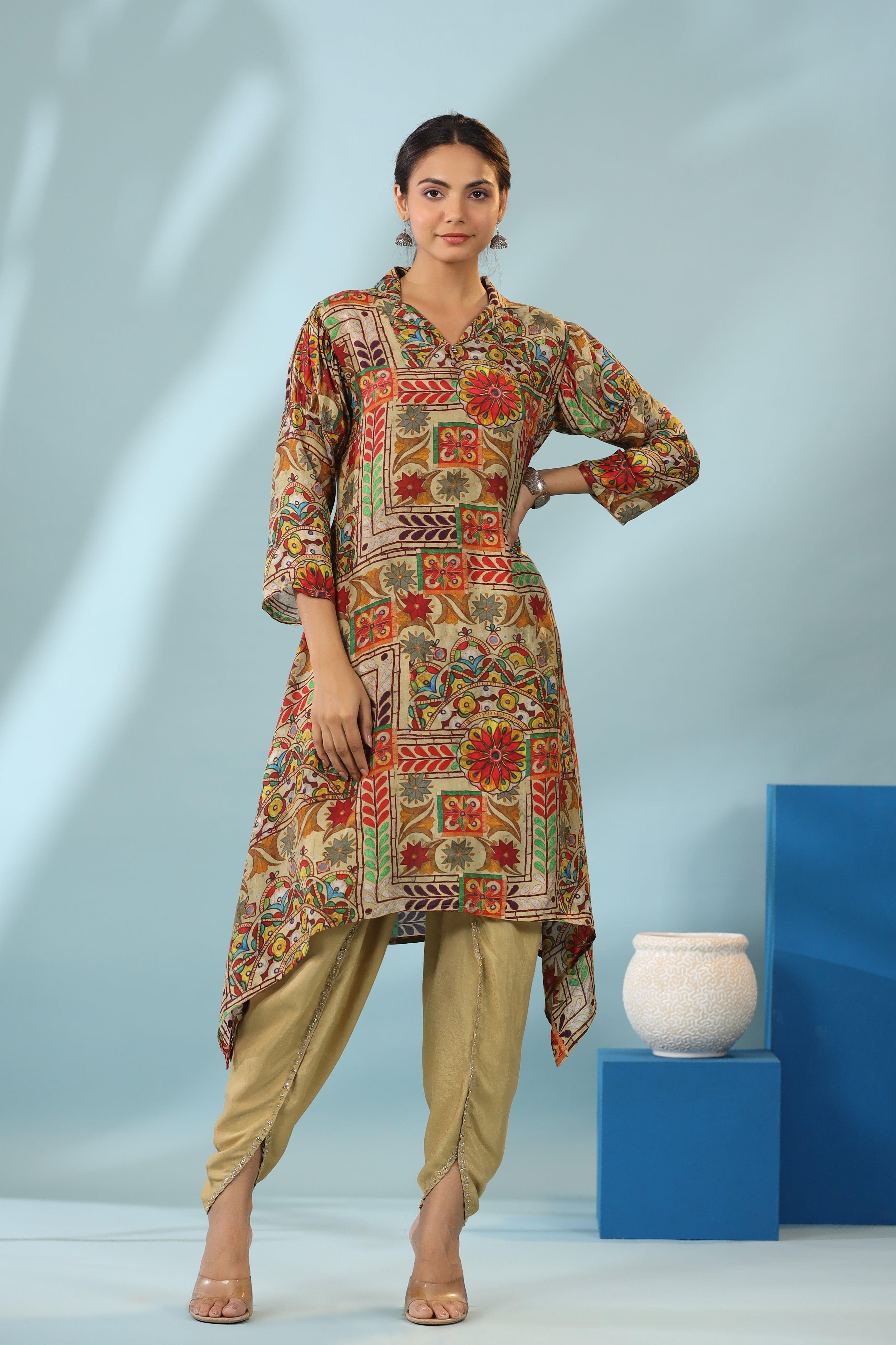 Multi Color Muslin Placement Print Shawl Collar Kurta With Tulip Dhoti Pants