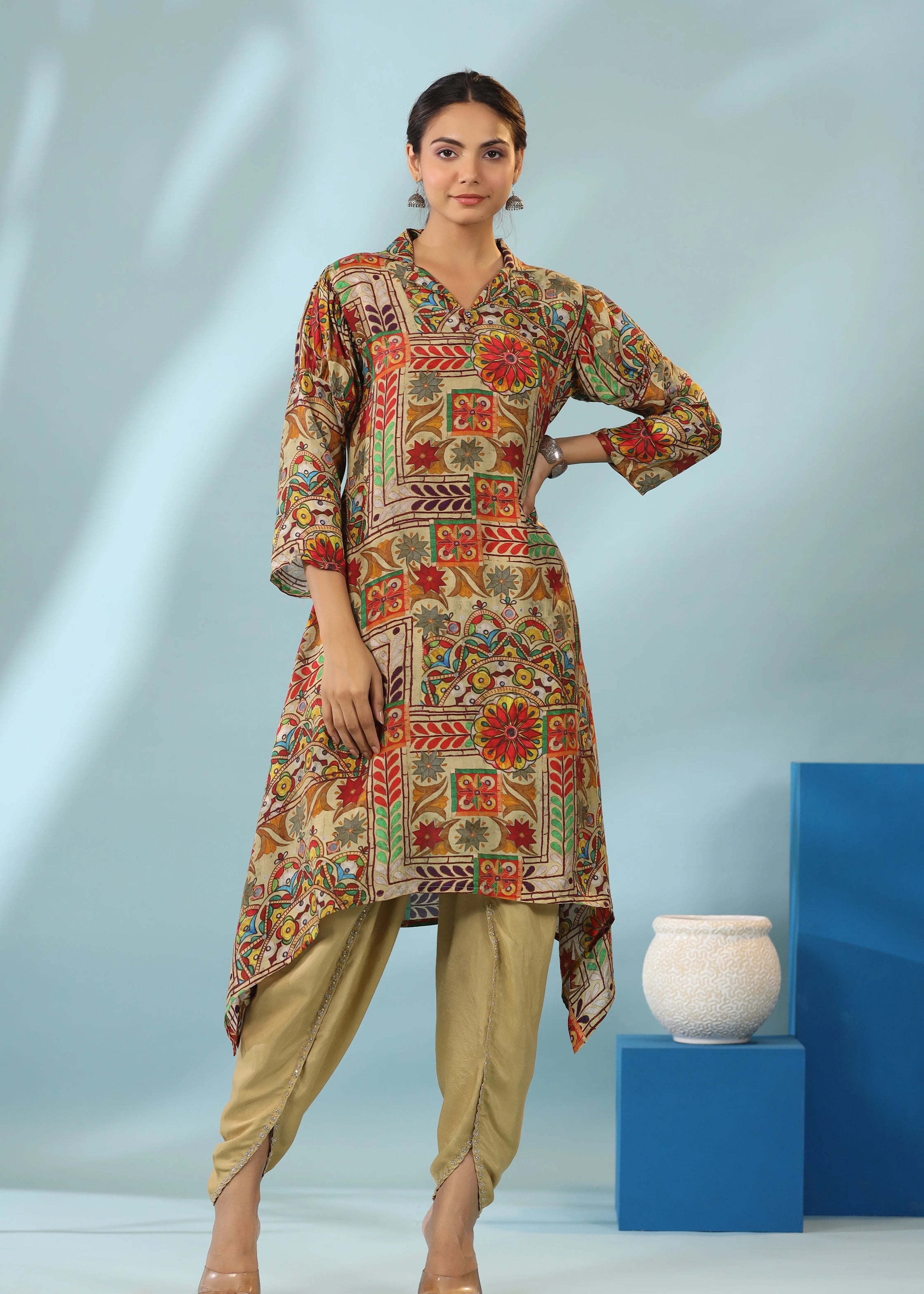 Multi Color Muslin Placement Print Shawl Collar Kurta With Tulip Dhoti Pants