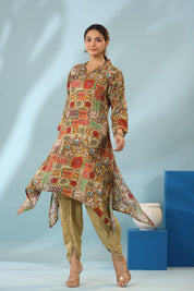 Multi Color Muslin Placement Print Shawl Collar Kurta With Tulip Dhoti Pants