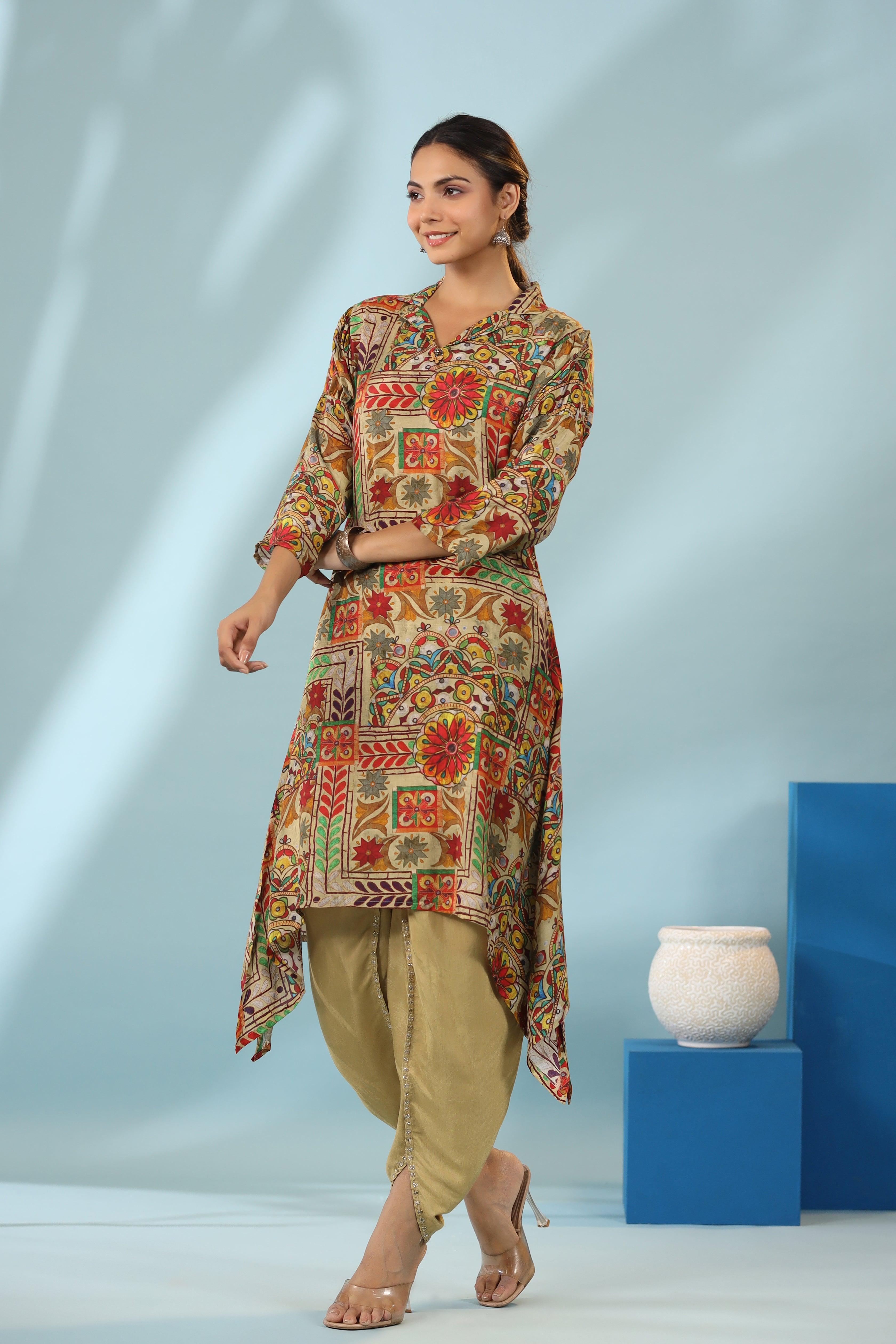 Multi Color Muslin Placement Print Shawl Collar Kurta With Tulip Dhoti Pants