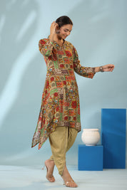 Multi Color Muslin Placement Print Shawl Collar Kurta With Tulip Dhoti Pants