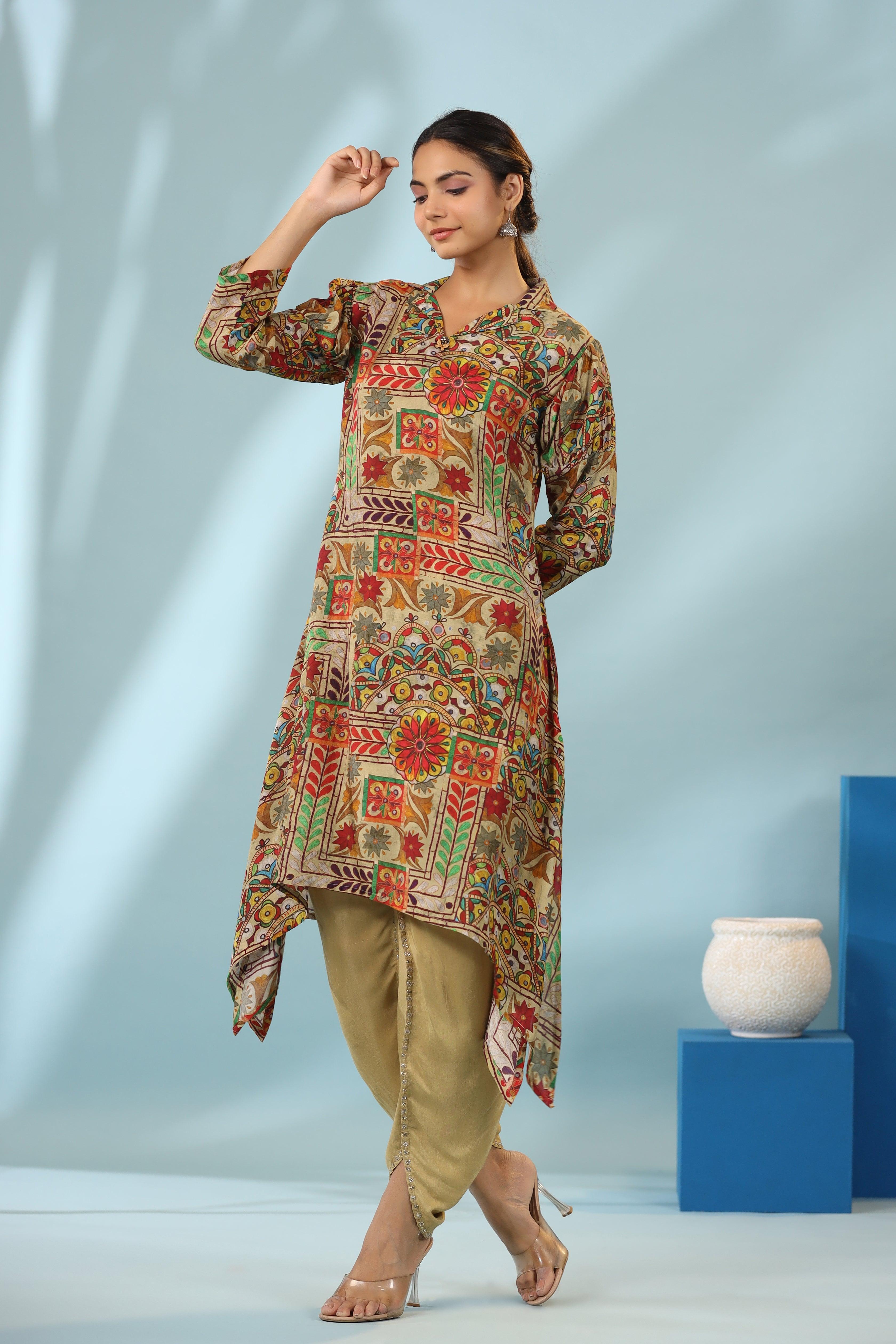 Multi Color Muslin Placement Print Shawl Collar Kurta With Tulip Dhoti Pants