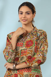 Multi Color Muslin Placement Print Shawl Collar Kurta With Tulip Dhoti Pants