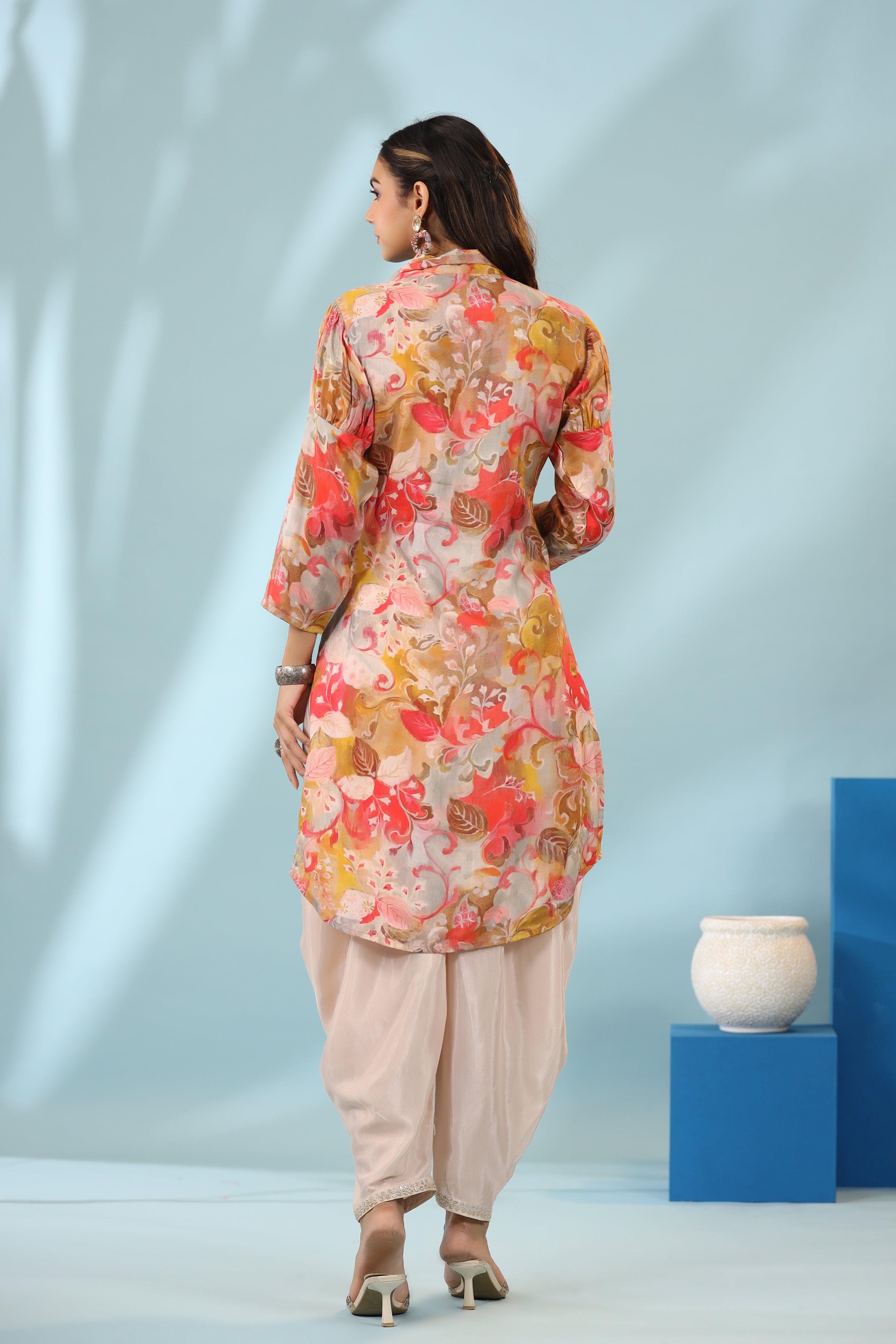 Multi-Floral Printed Muslin Shawl Collar Kurta with Tulip Dhoti Pants