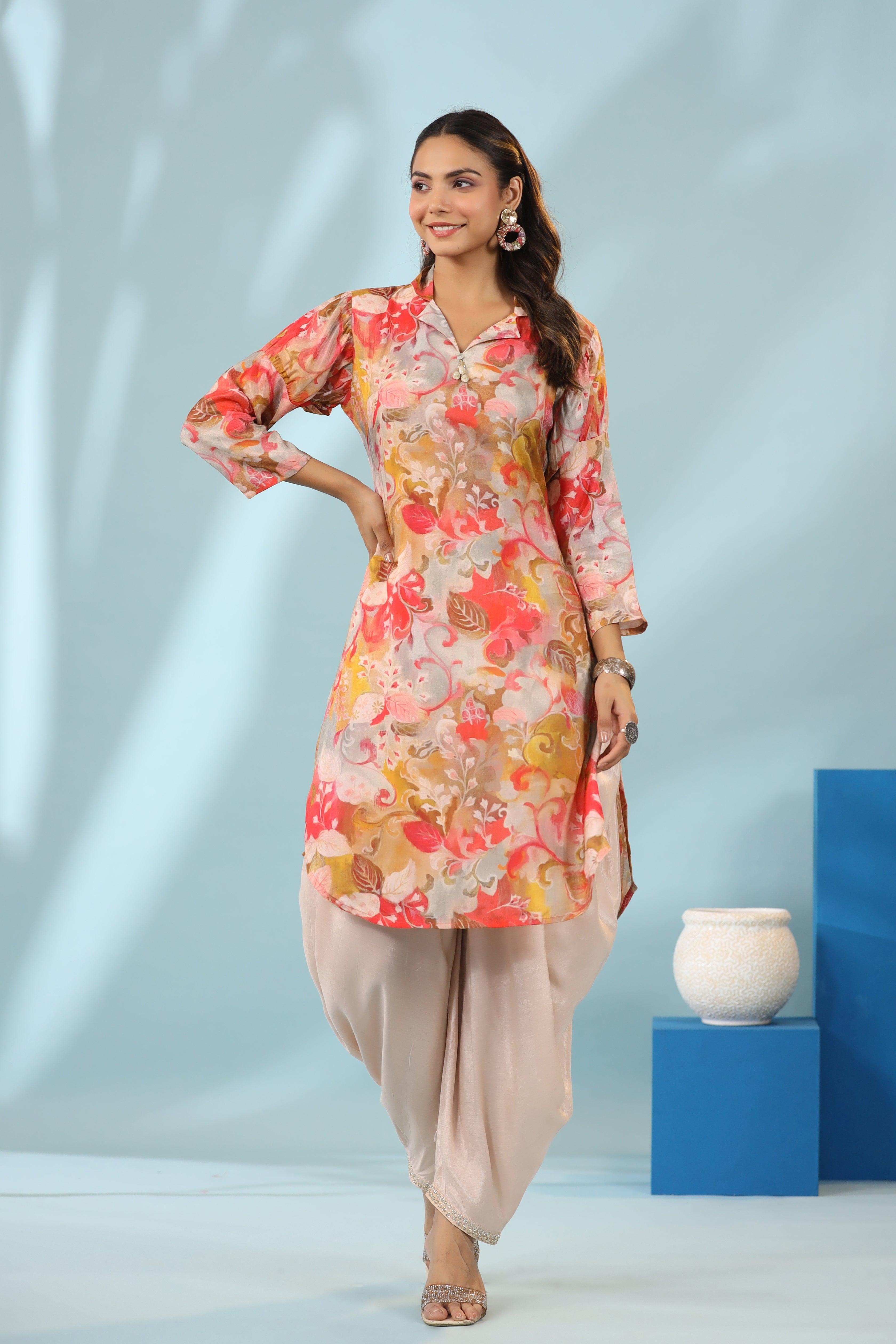 Multi-Floral Printed Muslin Shawl Collar Kurta with Tulip Dhoti Pants