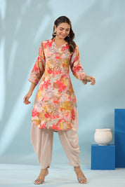 Multi-Floral Printed Muslin Shawl Collar Kurta with Tulip Dhoti Pants