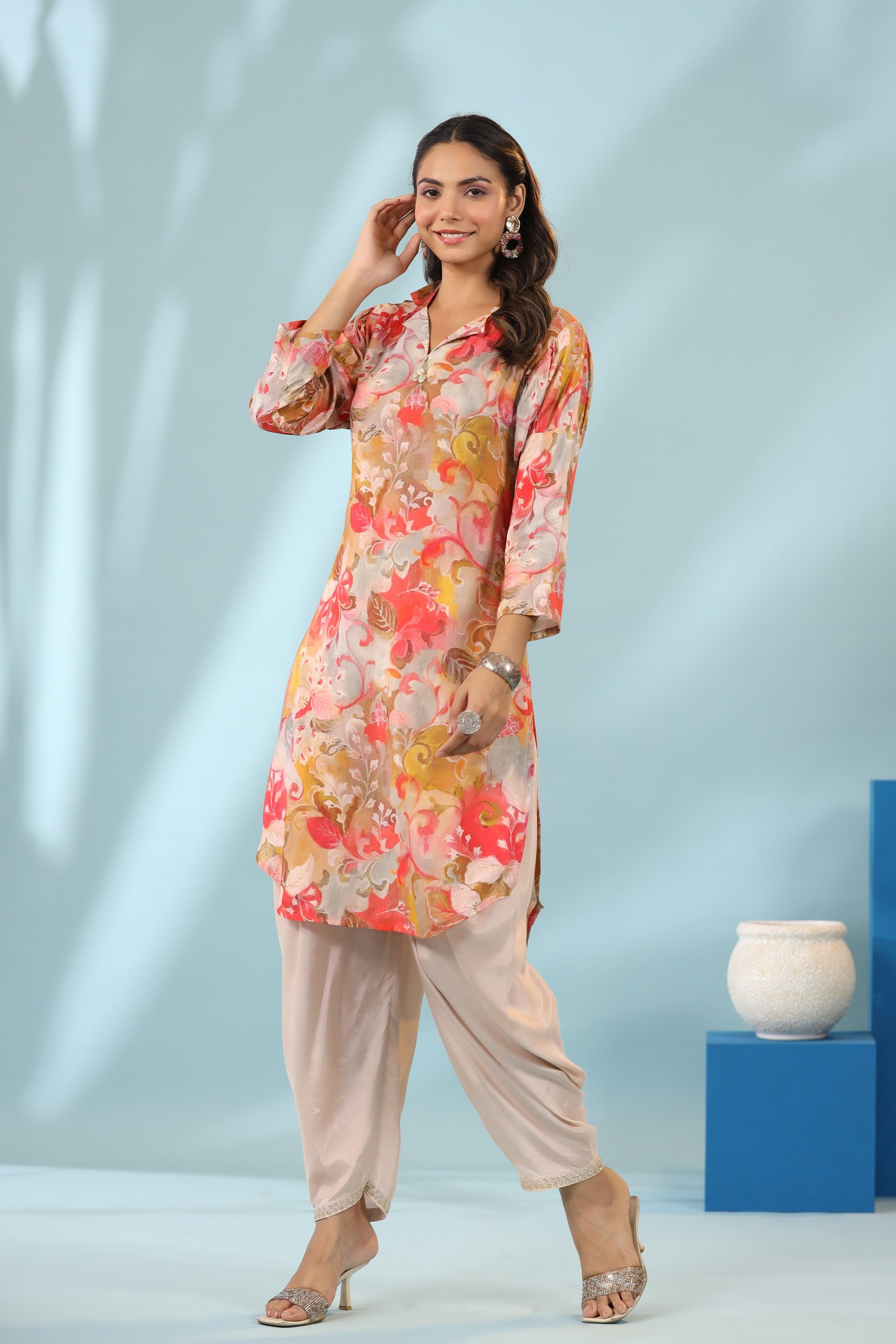 Multi-Floral Printed Muslin Shawl Collar Kurta with Tulip Dhoti Pants