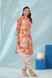 Multi-Floral Printed Muslin Shawl Collar Kurta with Tulip Dhoti Pants