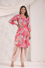 Pink Floral Printed Muslin Shawl Collar Kurta with Tulip Dhoti Pants