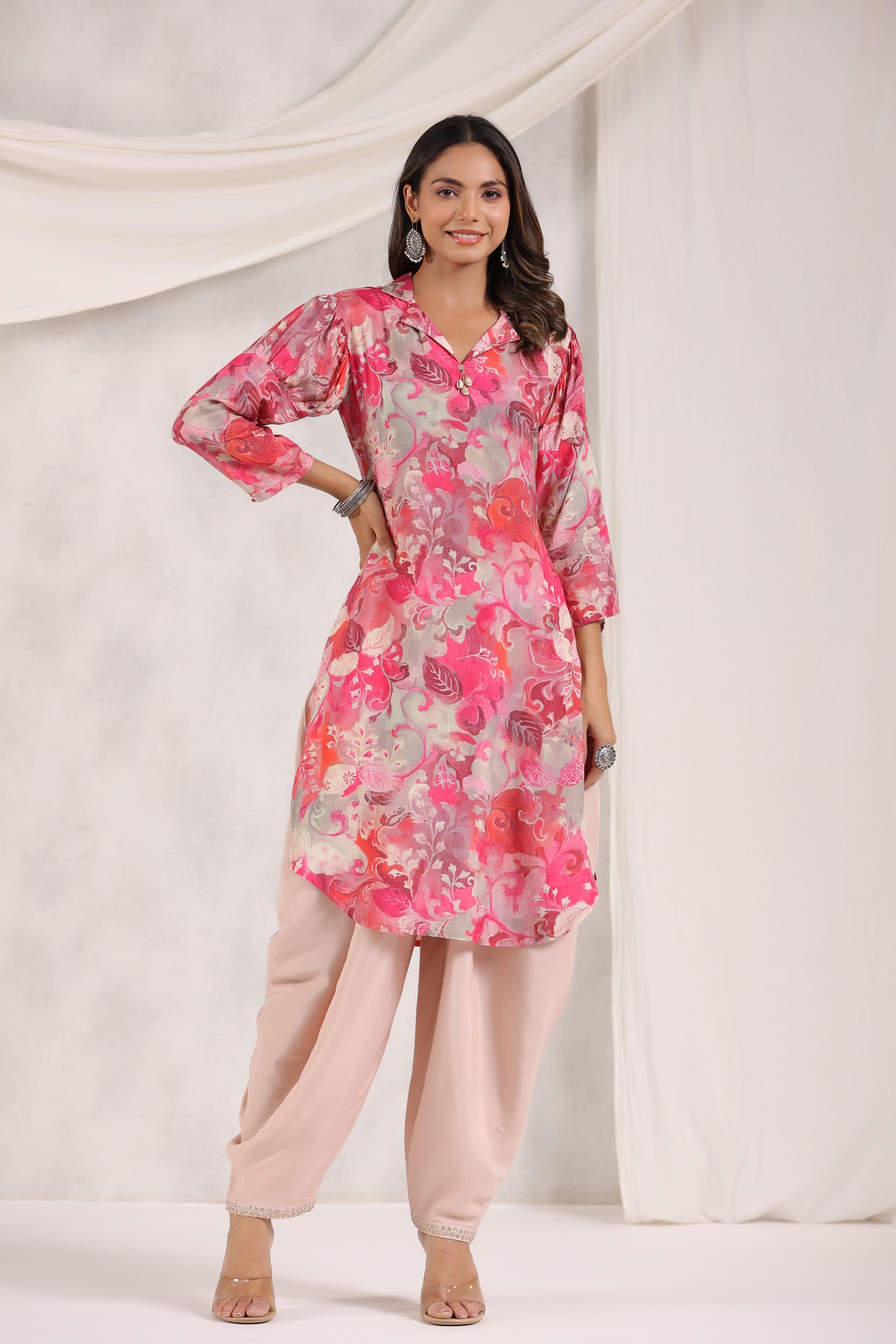 Pink Floral Printed Muslin Shawl Collar Kurta with Tulip Dhoti Pants