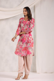 Pink Floral Printed Muslin Shawl Collar Kurta with Tulip Dhoti Pants