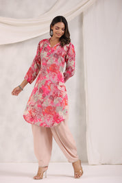 Pink Floral Printed Muslin Shawl Collar Kurta with Tulip Dhoti Pants