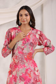 Pink Floral Printed Muslin Shawl Collar Kurta with Tulip Dhoti Pants