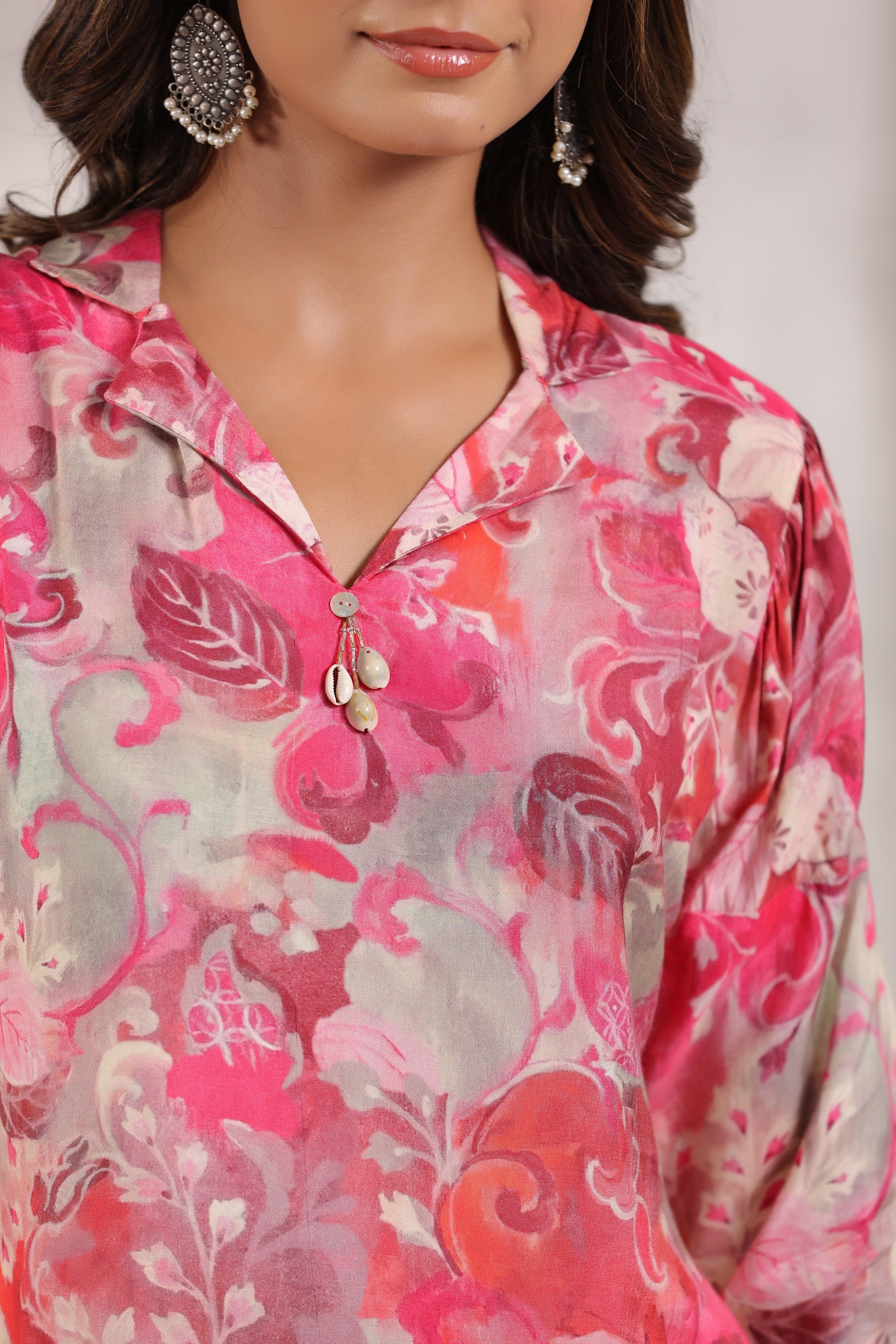 Pink Floral Printed Muslin Shawl Collar Kurta with Tulip Dhoti Pants