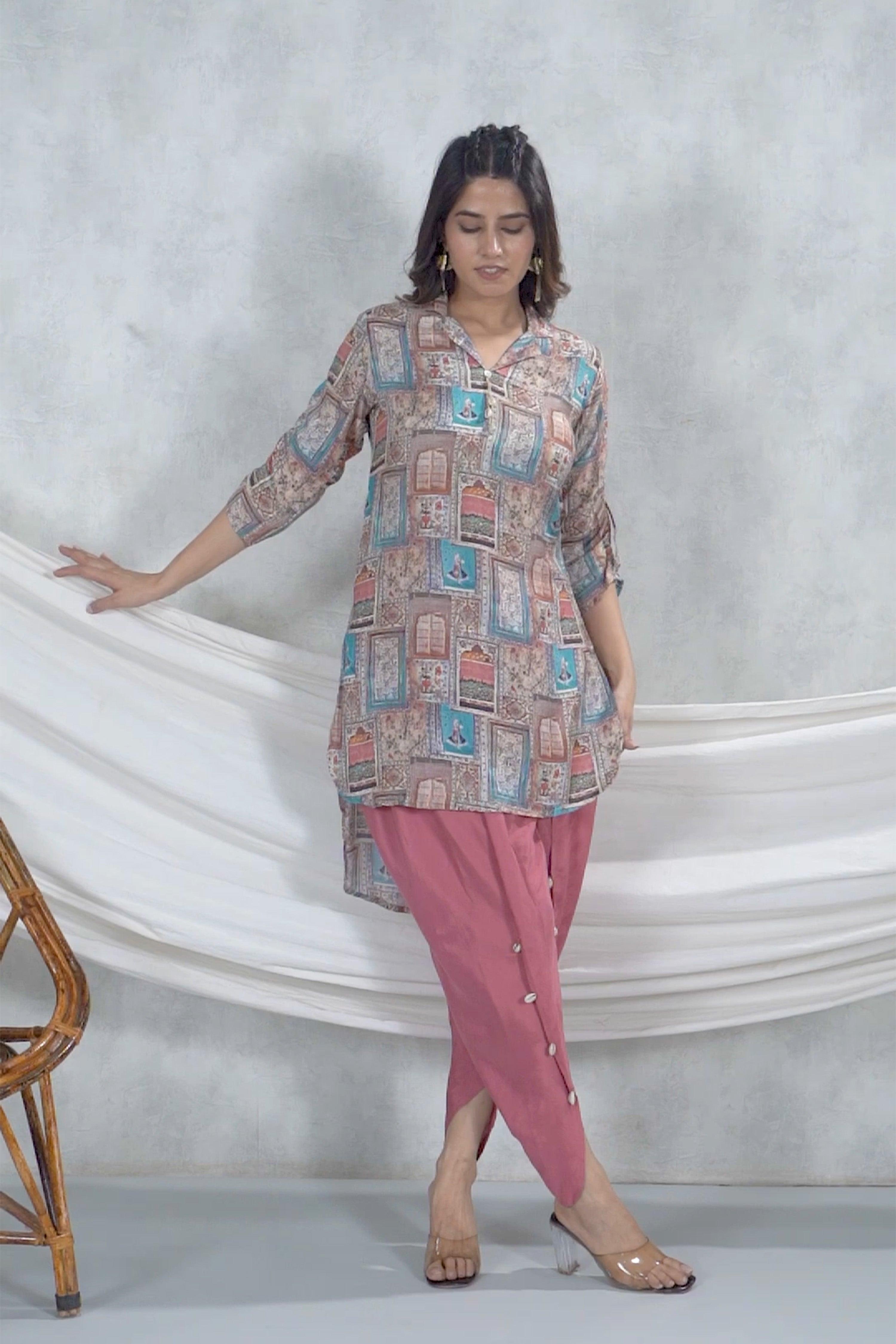 Jharokha Collage Printed High Low Shirt Style Muslin Tunic With Tulip Pants.