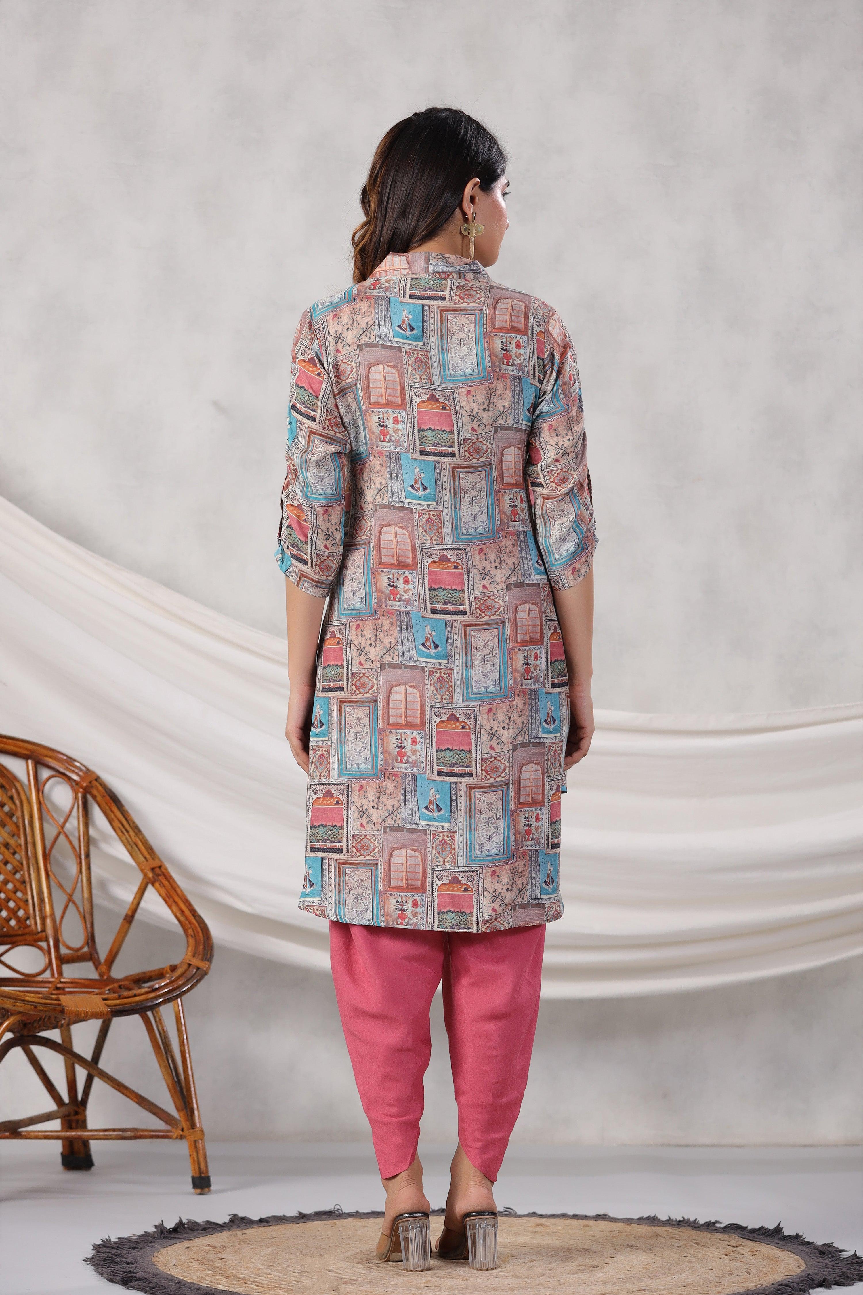 Jharokha Collage Printed High Low Shirt Style Muslin Tunic With Tulip Pants.