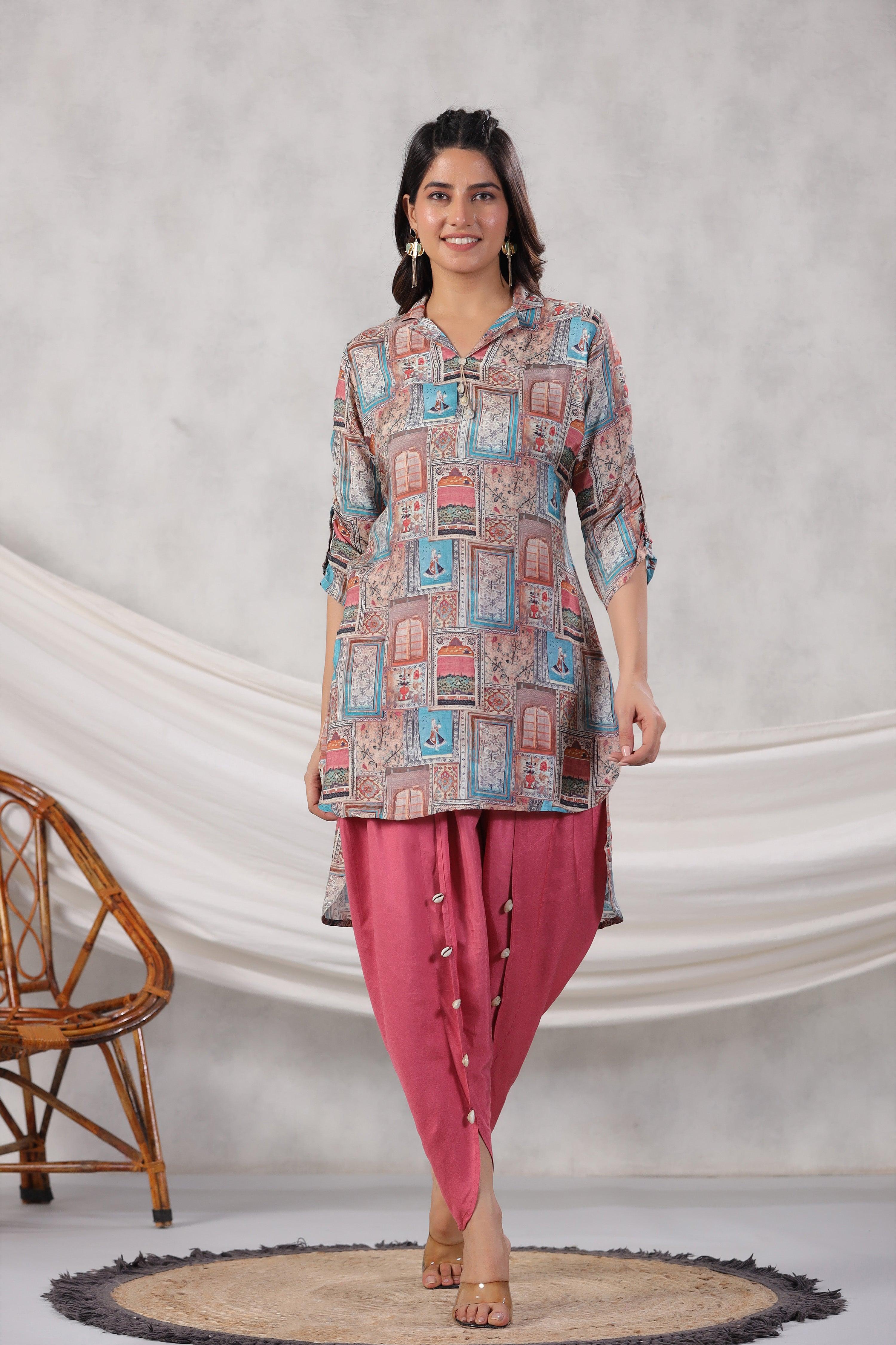 Jharokha Collage Printed High Low Shirt Style Muslin Tunic With Tulip Pants.