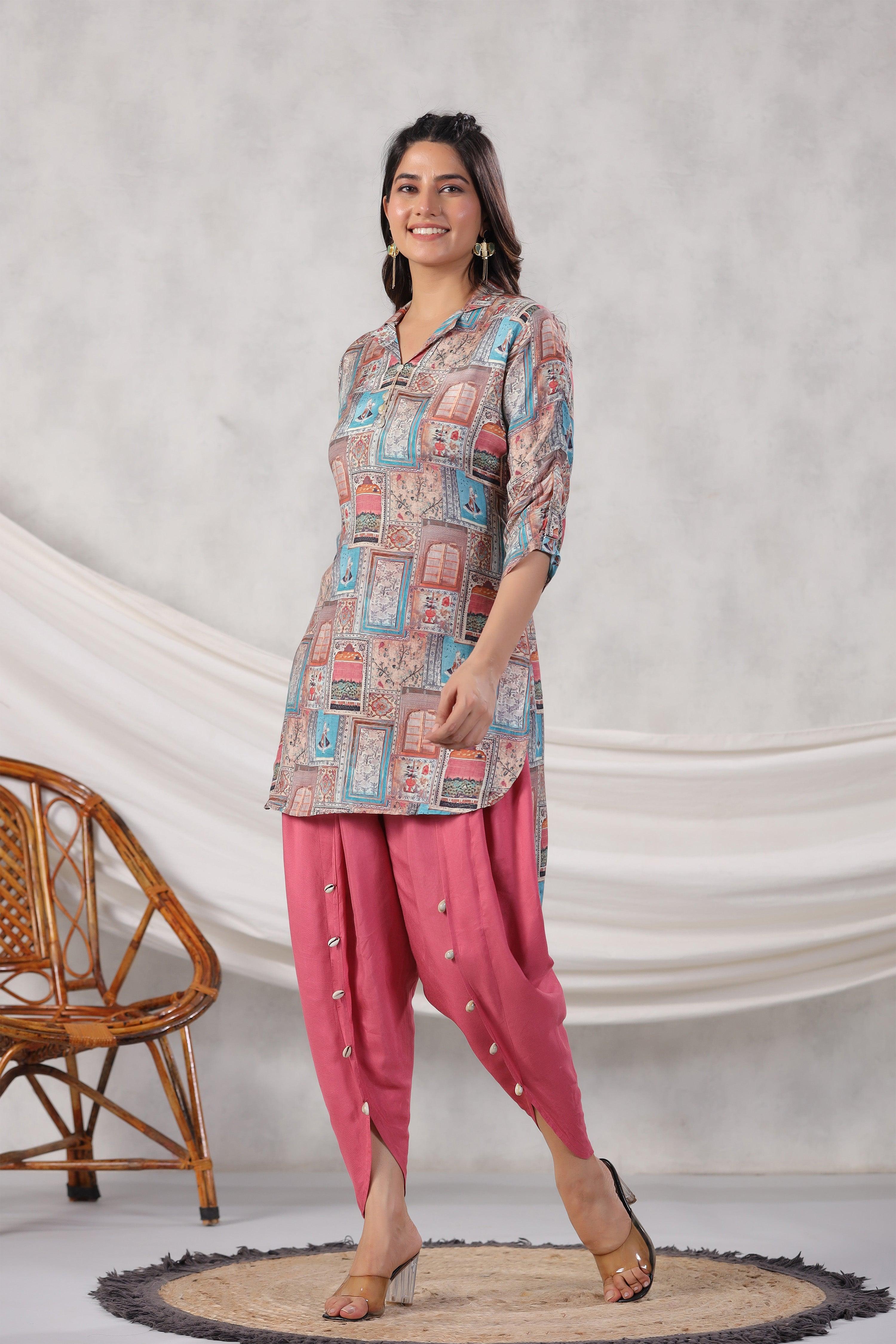 Jharokha Collage Printed High Low Shirt Style Muslin Tunic With Tulip Pants.