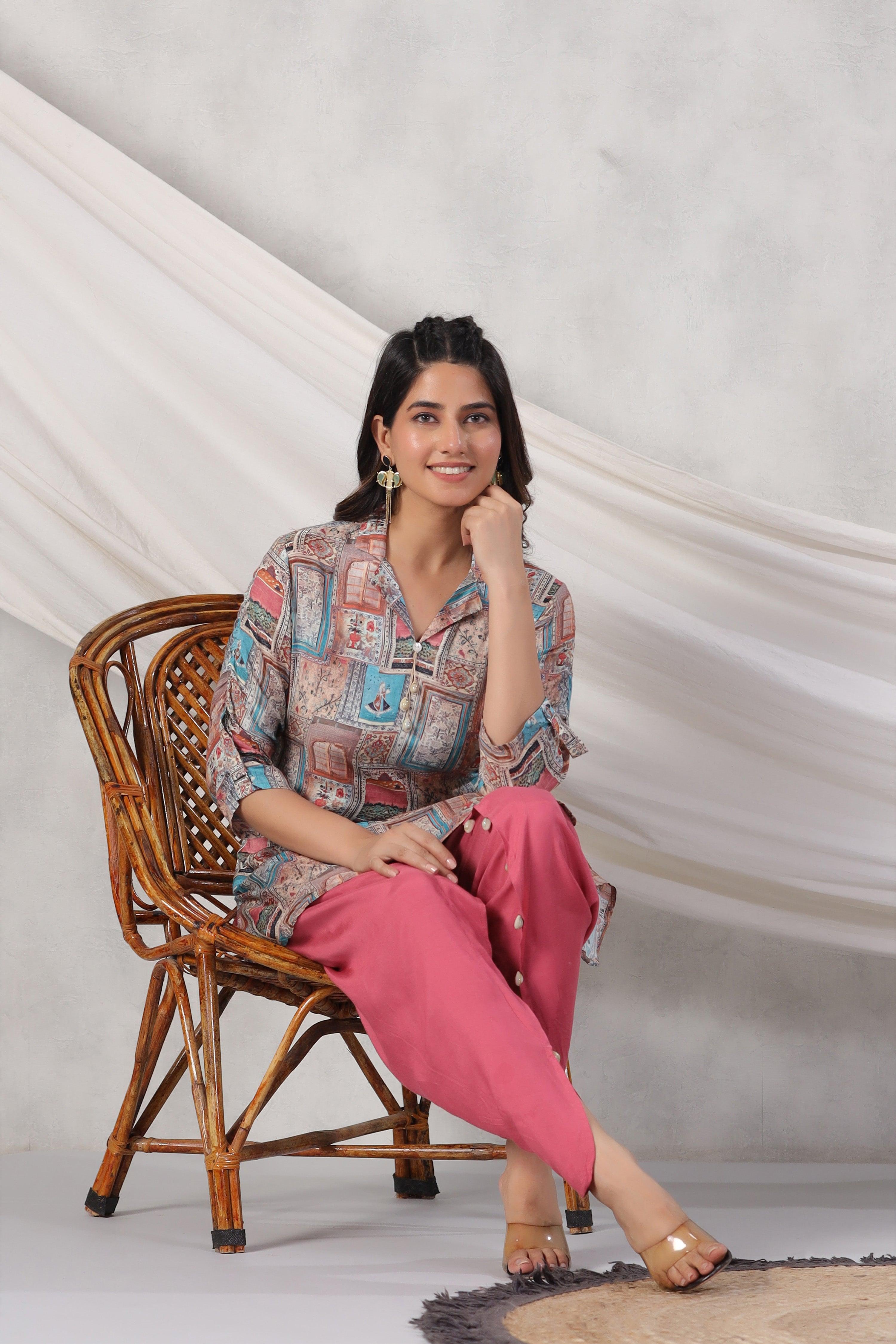 Jharokha Collage Printed High Low Shirt Style Muslin Tunic With Tulip Pants.