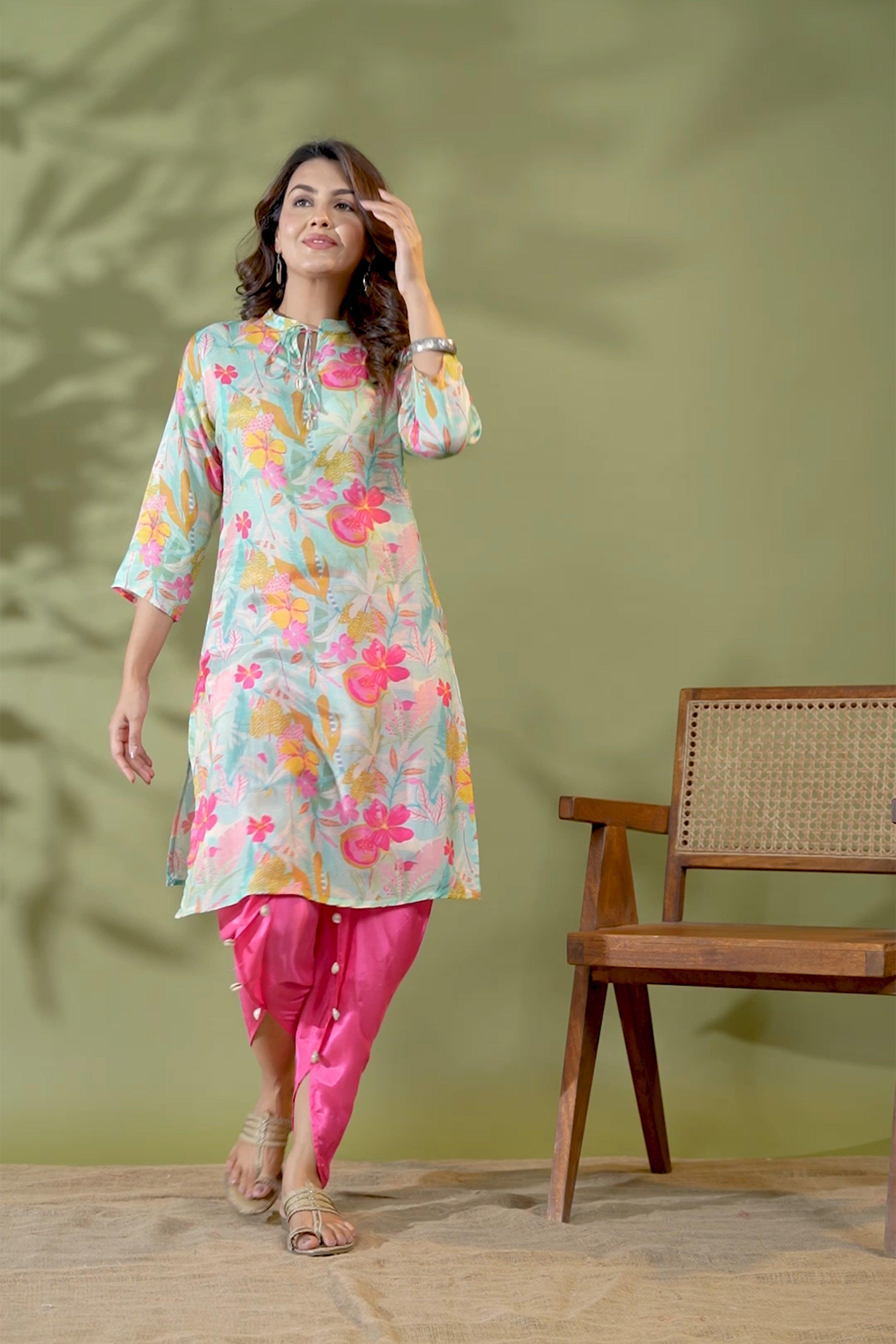 Mint Blue Floral Printed Tie Detail Kurta With Tulip Pants