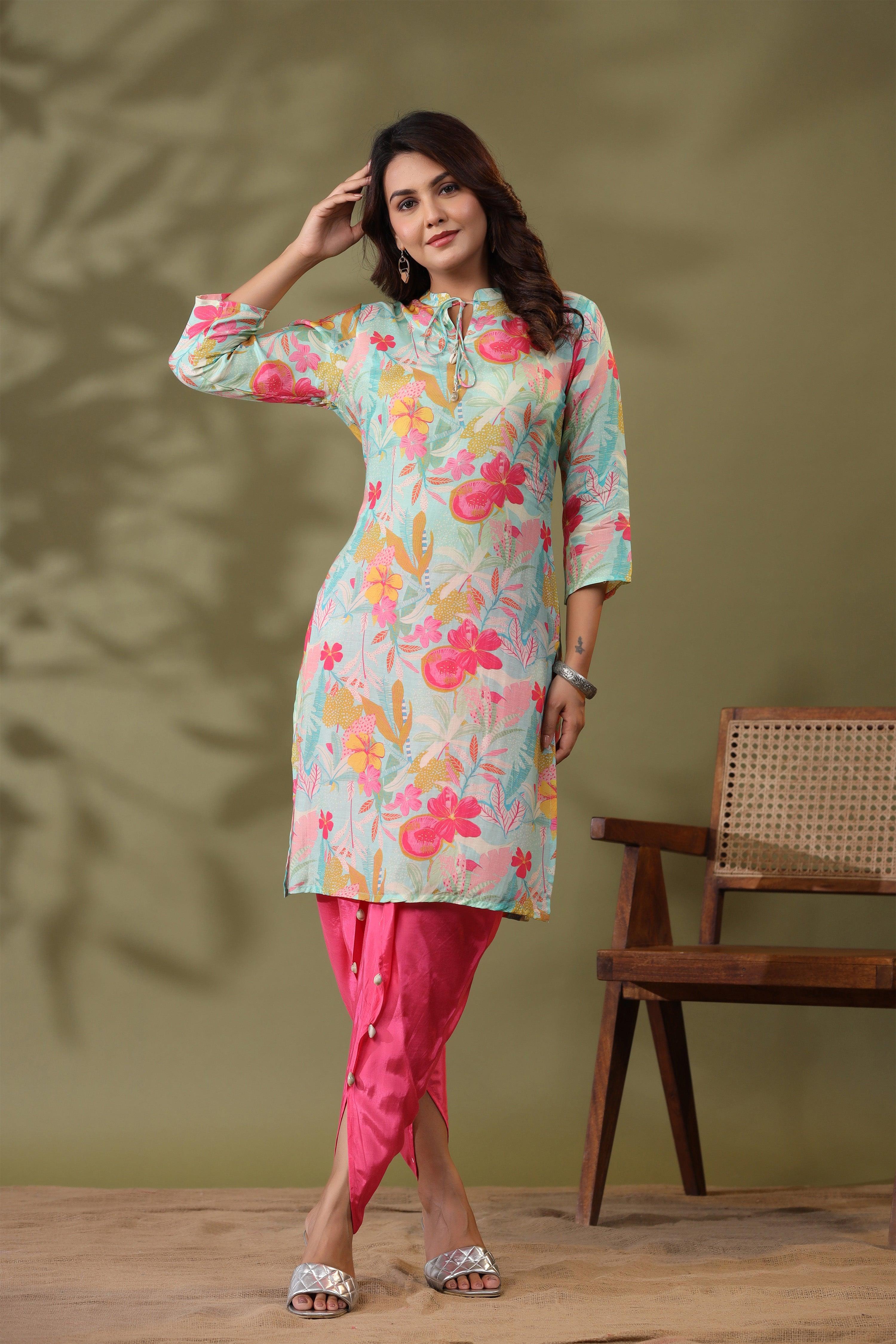 Mint Blue Floral Printed Tie Detail Kurta With Tulip Pants