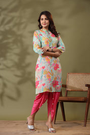 Mint Blue Floral Printed Tie Detail Kurta With Tulip Pants