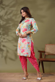 Mint Blue Floral Printed Tie Detail Kurta With Tulip Pants