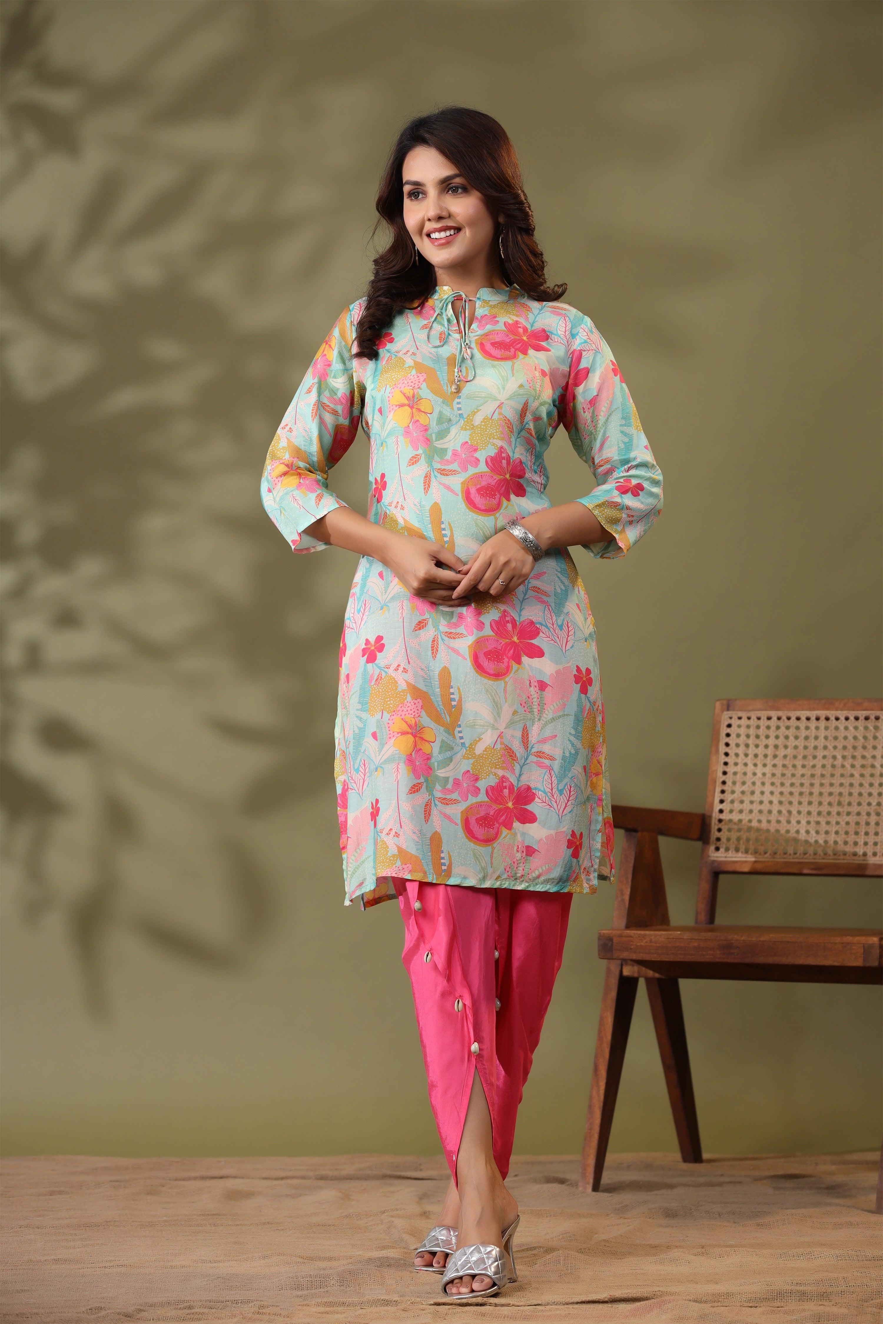 Mint Blue Floral Printed Tie Detail Kurta With Tulip Pants