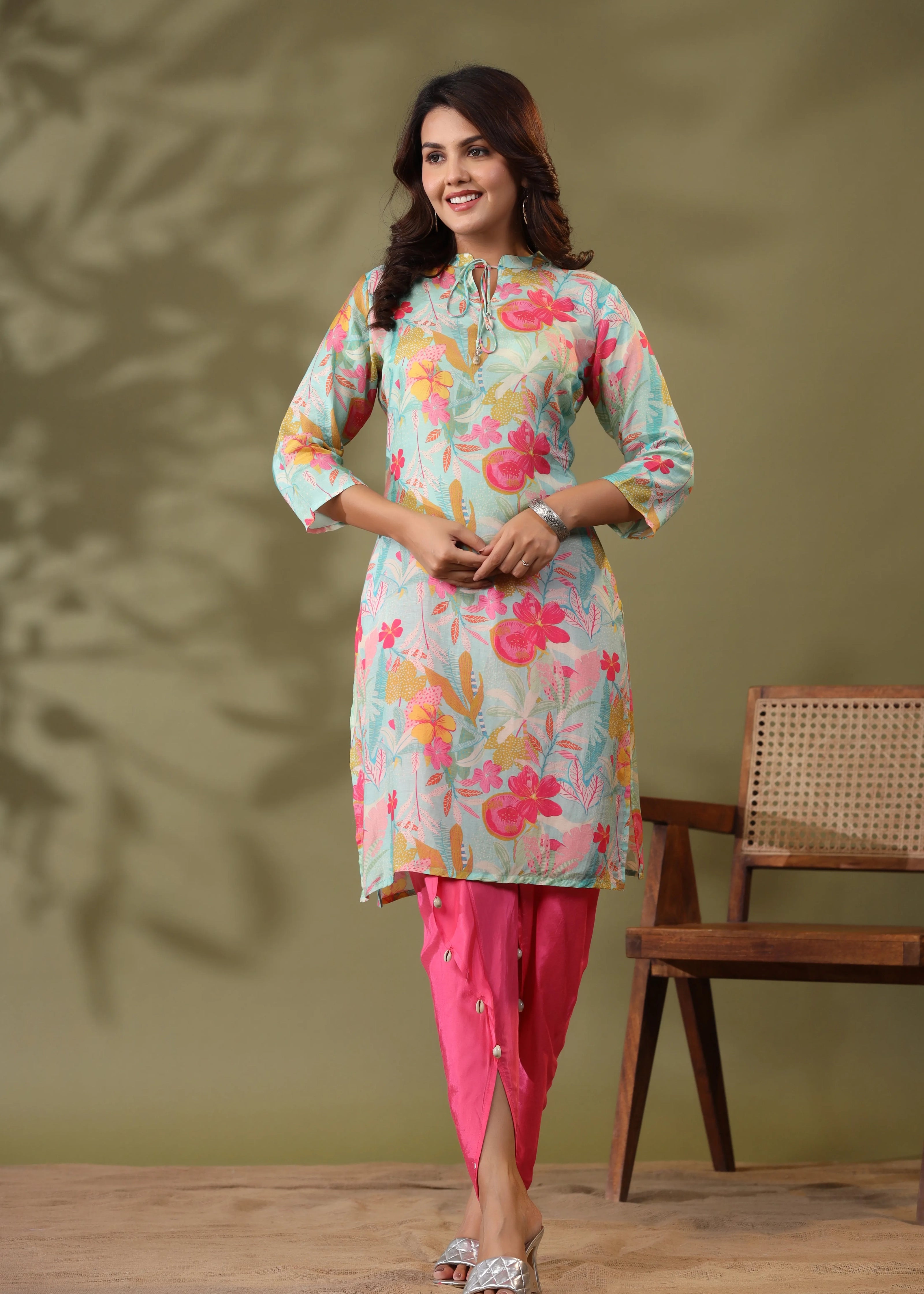 Mint Blue Floral Printed Tie Detail Kurta With Tulip Pants
