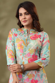 Mint Blue Floral Printed Tie Detail Kurta With Tulip Pants