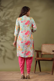 Mint Blue Floral Printed Tie Detail Kurta With Tulip Pants