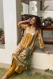 Mustard Yellow Abstract Geometric Rayon Print Ethnic Set