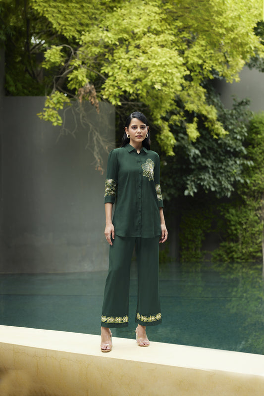 Bottle Green Embroidered Shirt With Pant