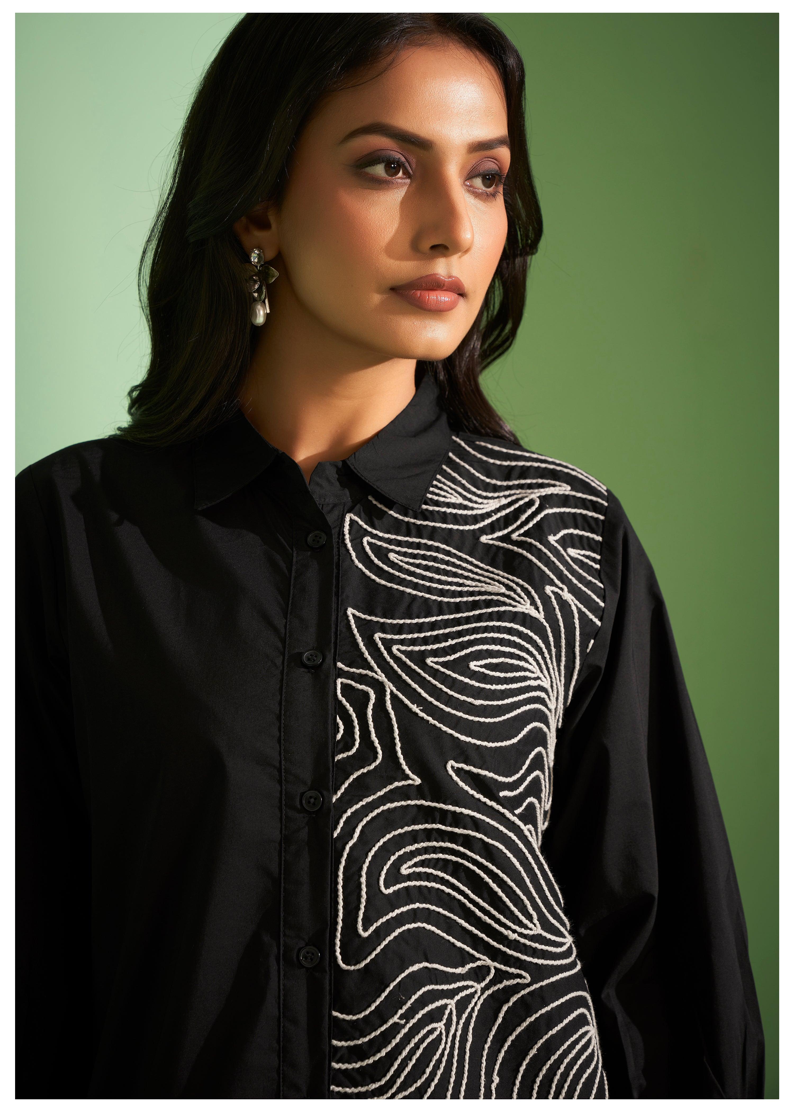 Black Cotton Poplin Shirt with Cord Embroidery