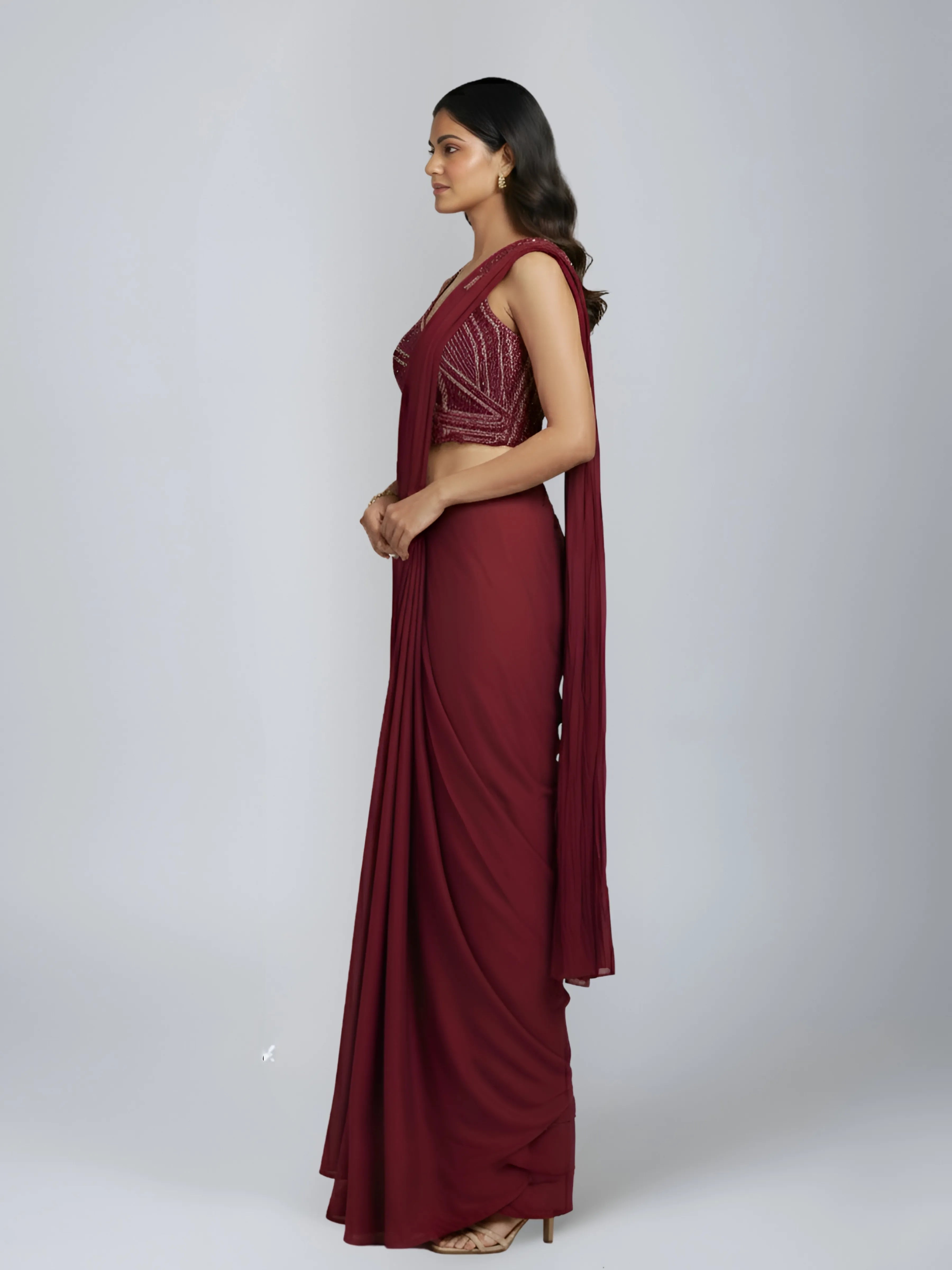 Maroon Embellished Two-Piece Chinon Pre Draped Saree Set