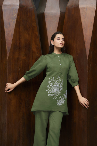 Green Embroidered Viscose Tunic With Pant